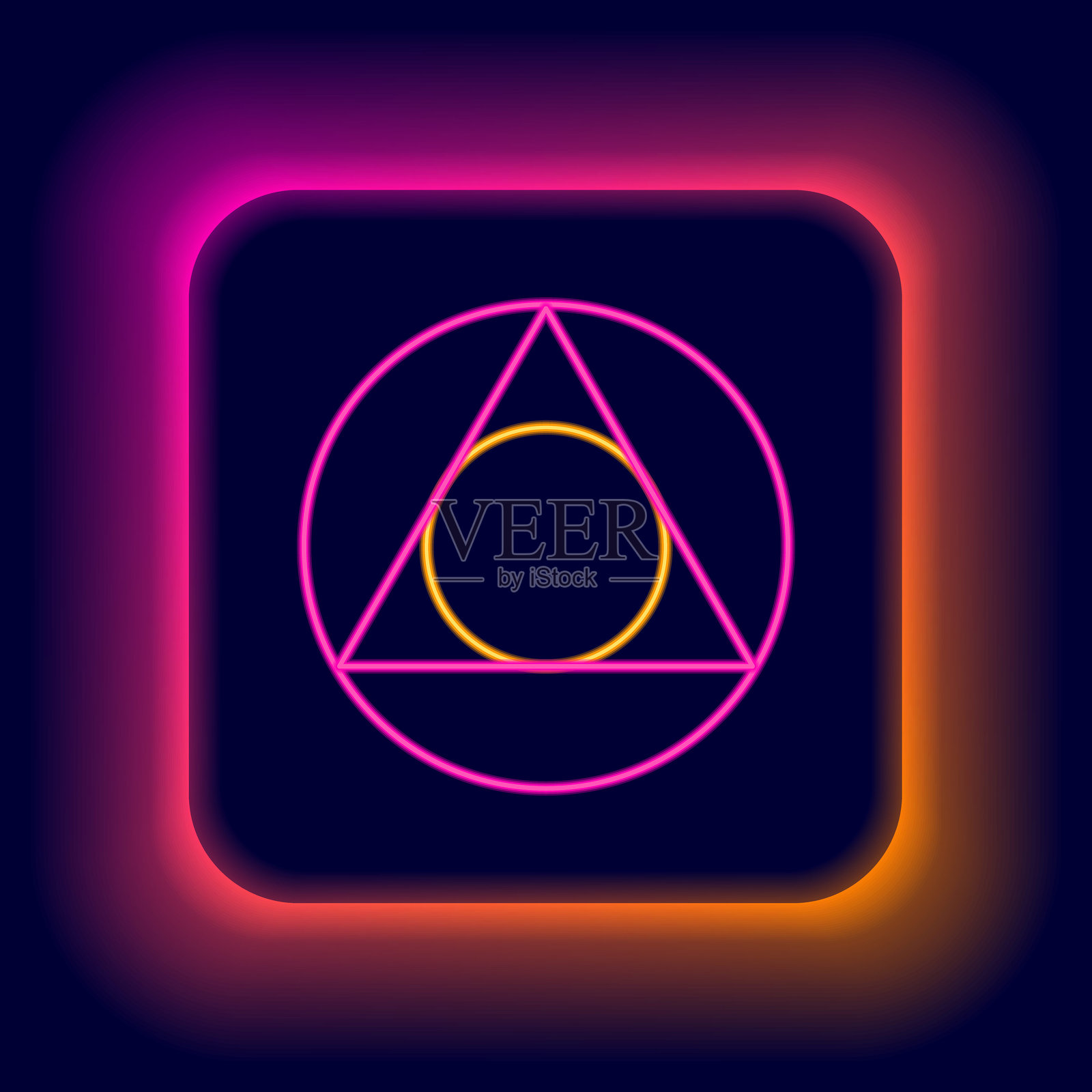 发光的霓虹线条三角形数学图标，孤立在黑色背景上。彩色轮廓概念。矢量图插画图片素材