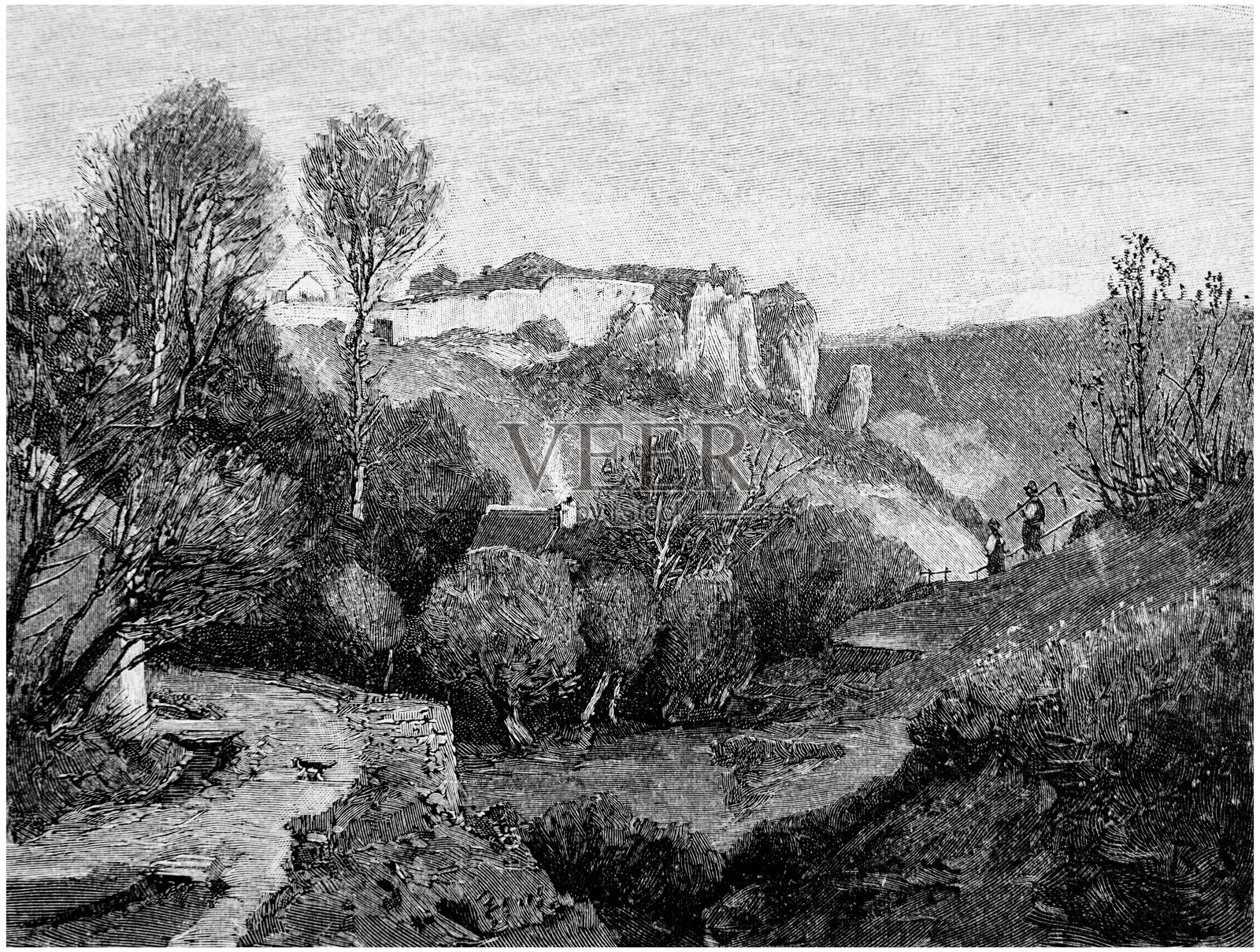 19世纪雕版画：施特赖特贝格的开阔风景，有城堡遗址和山谷景观中的人物插画图片素材
