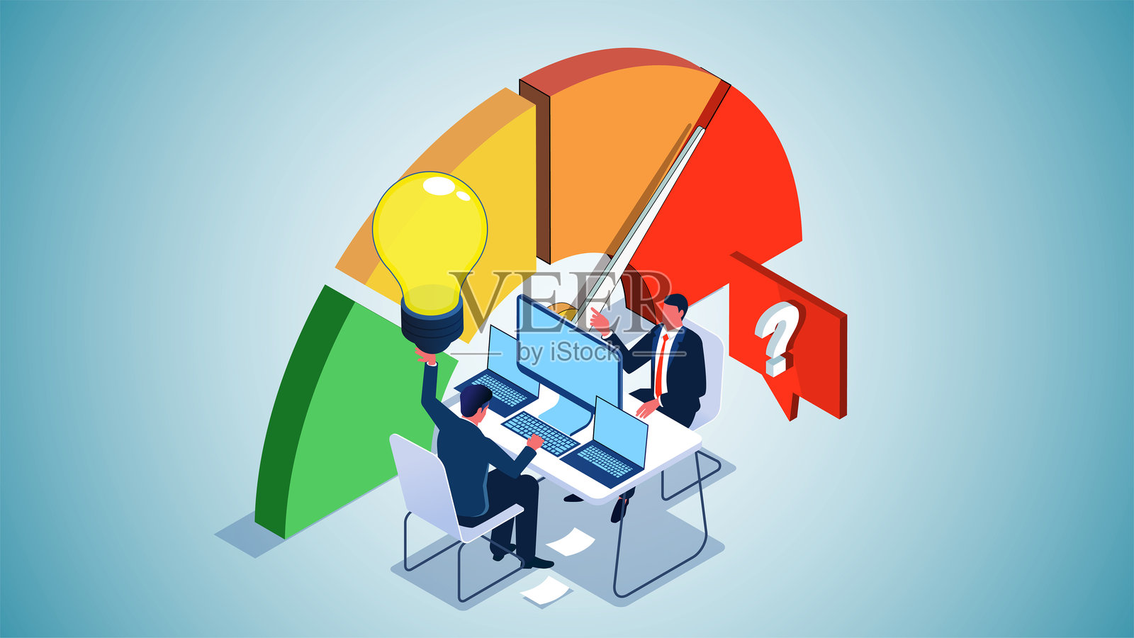 提高生产力。两位商人坐在测量仪器前的等距视图，以快速构思想法和解决方案插画图片素材