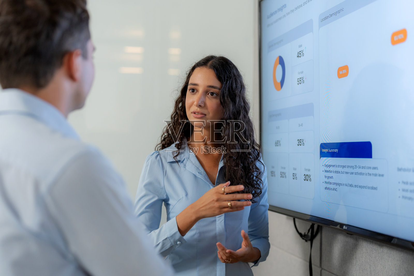 女商人会议室里向男同事解释数字屏幕上的数据图表。团队协作制定公司战略、分析和项目规划。照片摄影图片