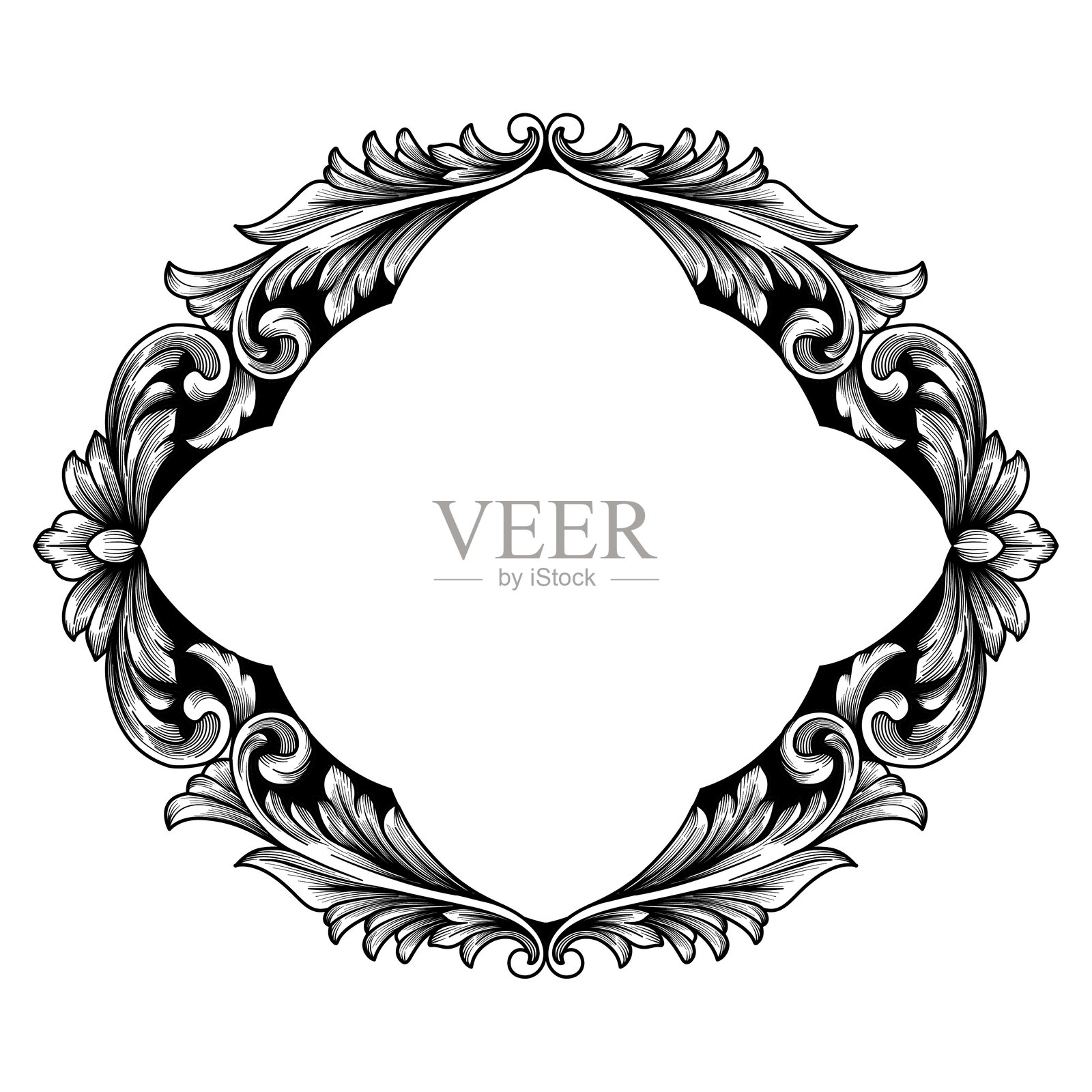 矢量插画手绘复古巴洛克风格雕刻装饰画框，带有文字复制空间。黑白华丽设计元素。阿拉伯式花纹边框。插画图片素材