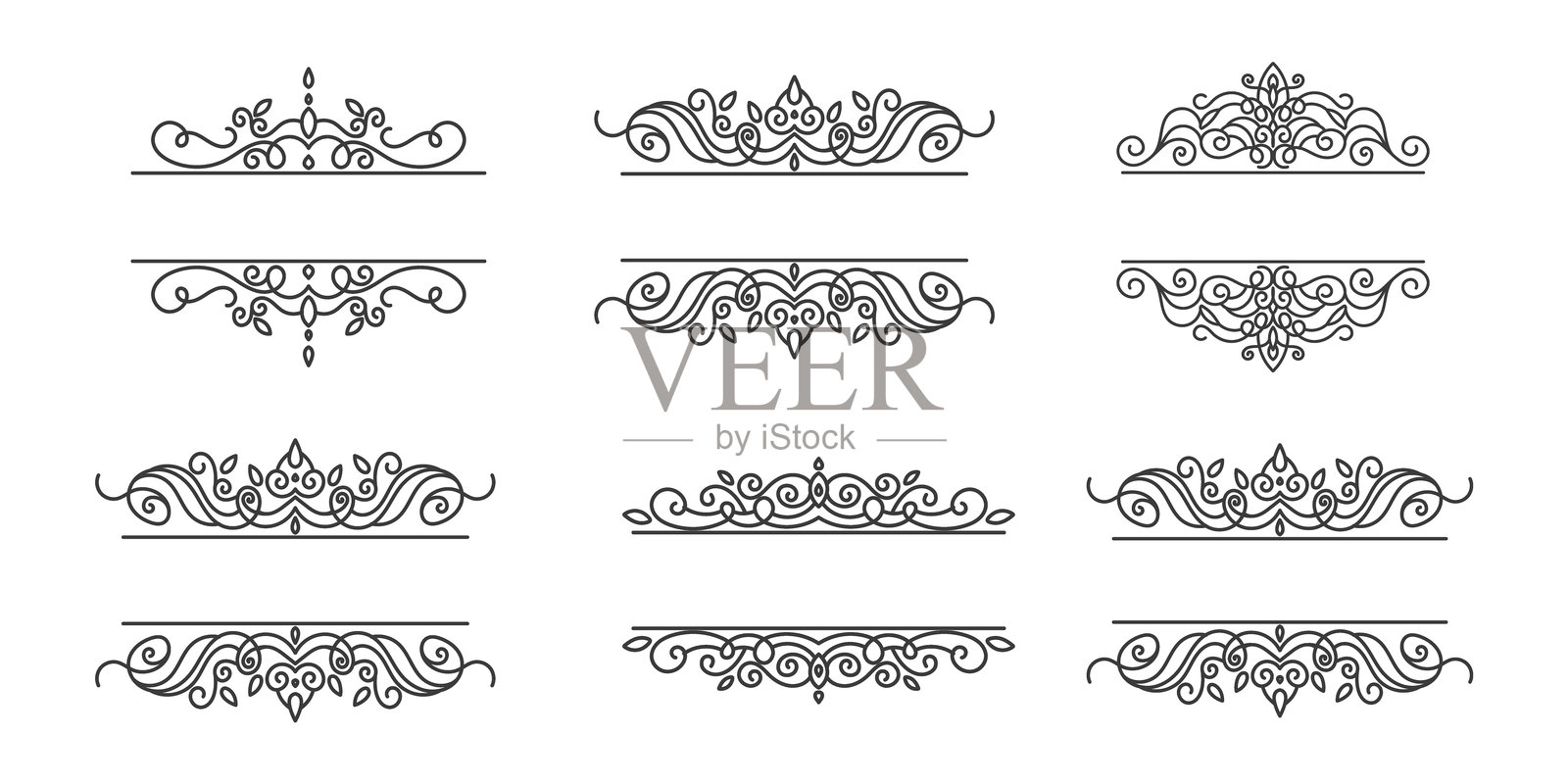 一套复古装饰线条，文本分隔线，线条边框，线条分隔符，边框，各种涂鸦风格线条分隔符和箭头图标的集合，用于设计插画图片素材