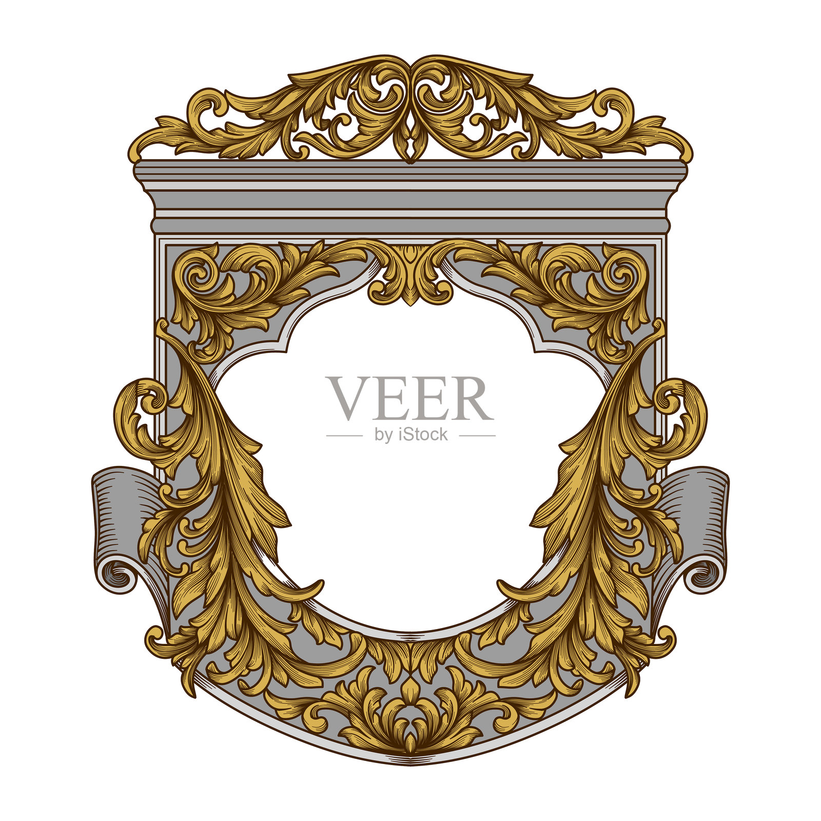 复古巴洛克风格雕刻装饰的矢量插画，古典边框带有华丽的雕刻、装饰性的卷曲花纹和复制空间。适用于邀请函、标志、横幅、徽章设计。插画图片素材