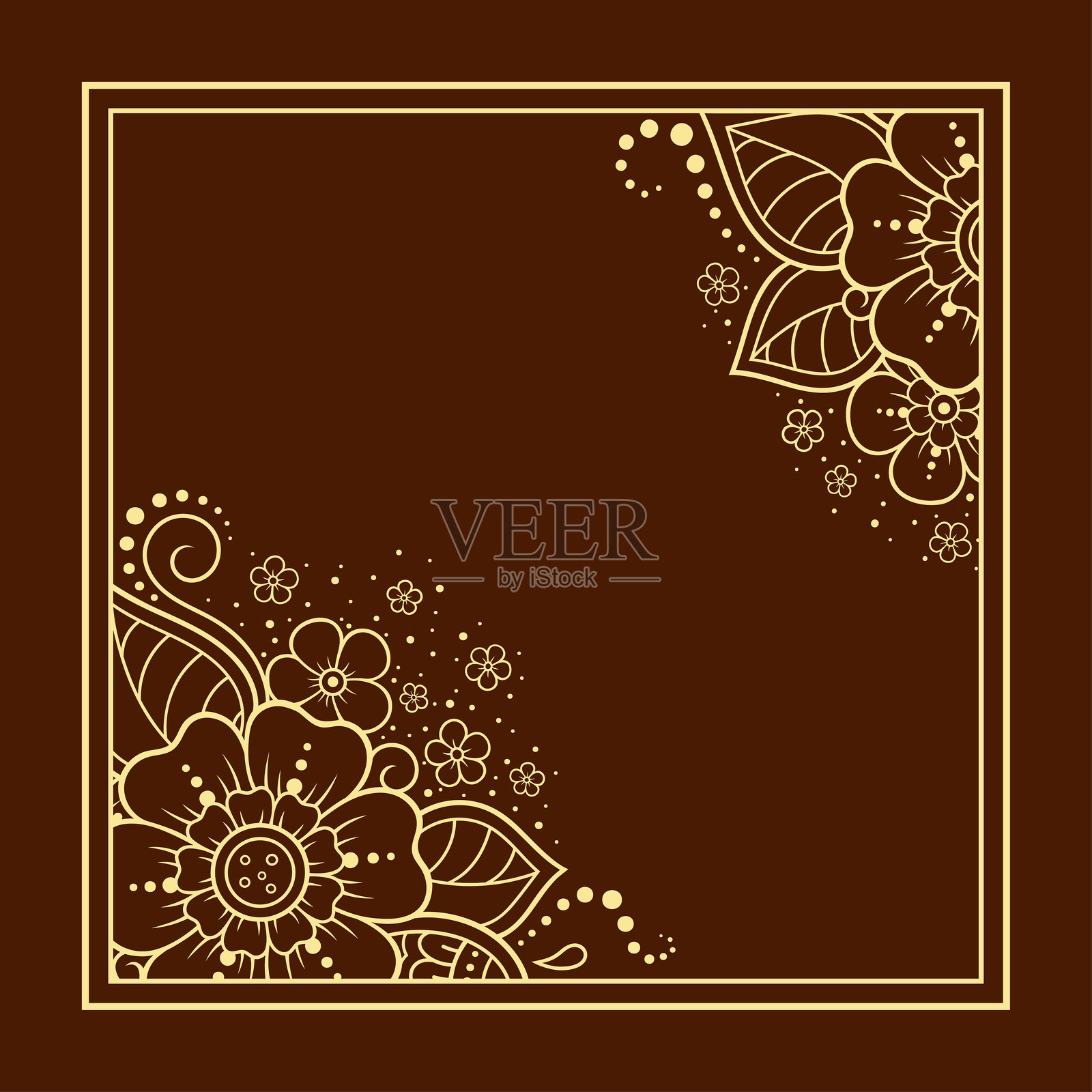 东方传统风格的画框，饰有海娜纹身装饰图案，用于书籍、笔记本、盒子、杂志、明信片和文件夹封面装饰。花卉边框，印度手绘纹身风格。插画图片素材