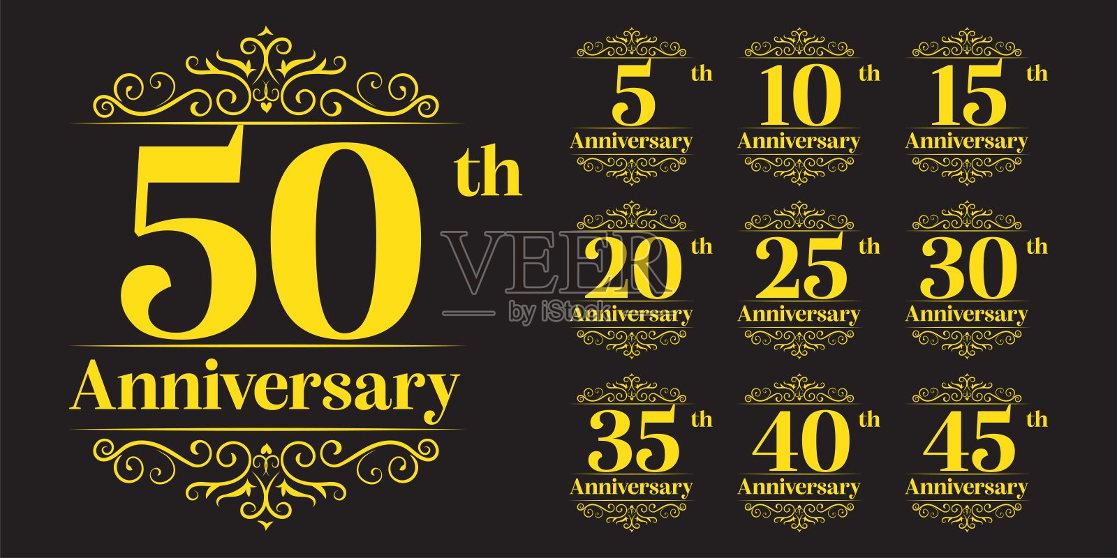 金色周年纪念徽章 5, 10, 15, 20, 25, 30, 35, 40, 45, 50 精致套装插画图片素材