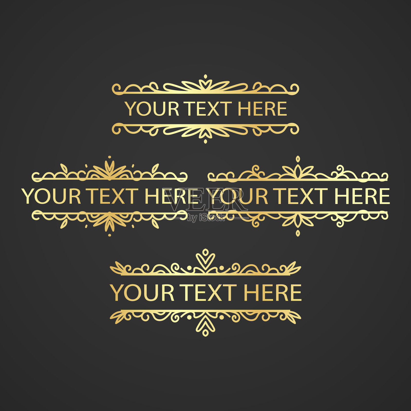 复古金色装饰线条集合。文本分隔符。线条边框。线条分隔符，边框，各种涂鸦风格线条分隔符和箭头图标设计集合插画图片素材