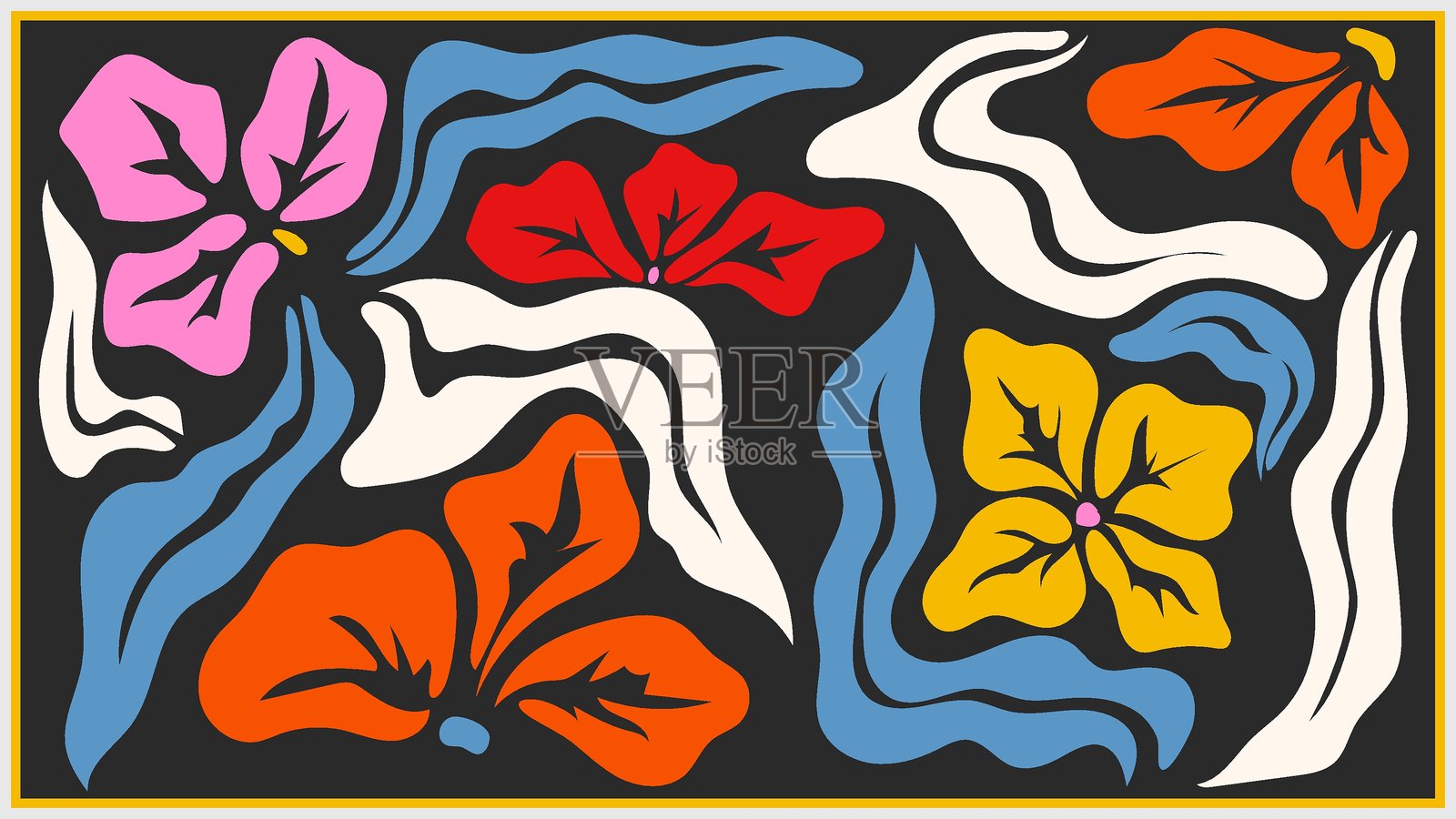 民族波西米亚抽象背景，带有花卉图案。大胆、充满活力的抽象花卉图案。现代矢量插图，灵感来自马蒂斯剪纸，非常适合纺织品设计、T恤印花。矢量剪纸天真风格 EPS10插画图片素材