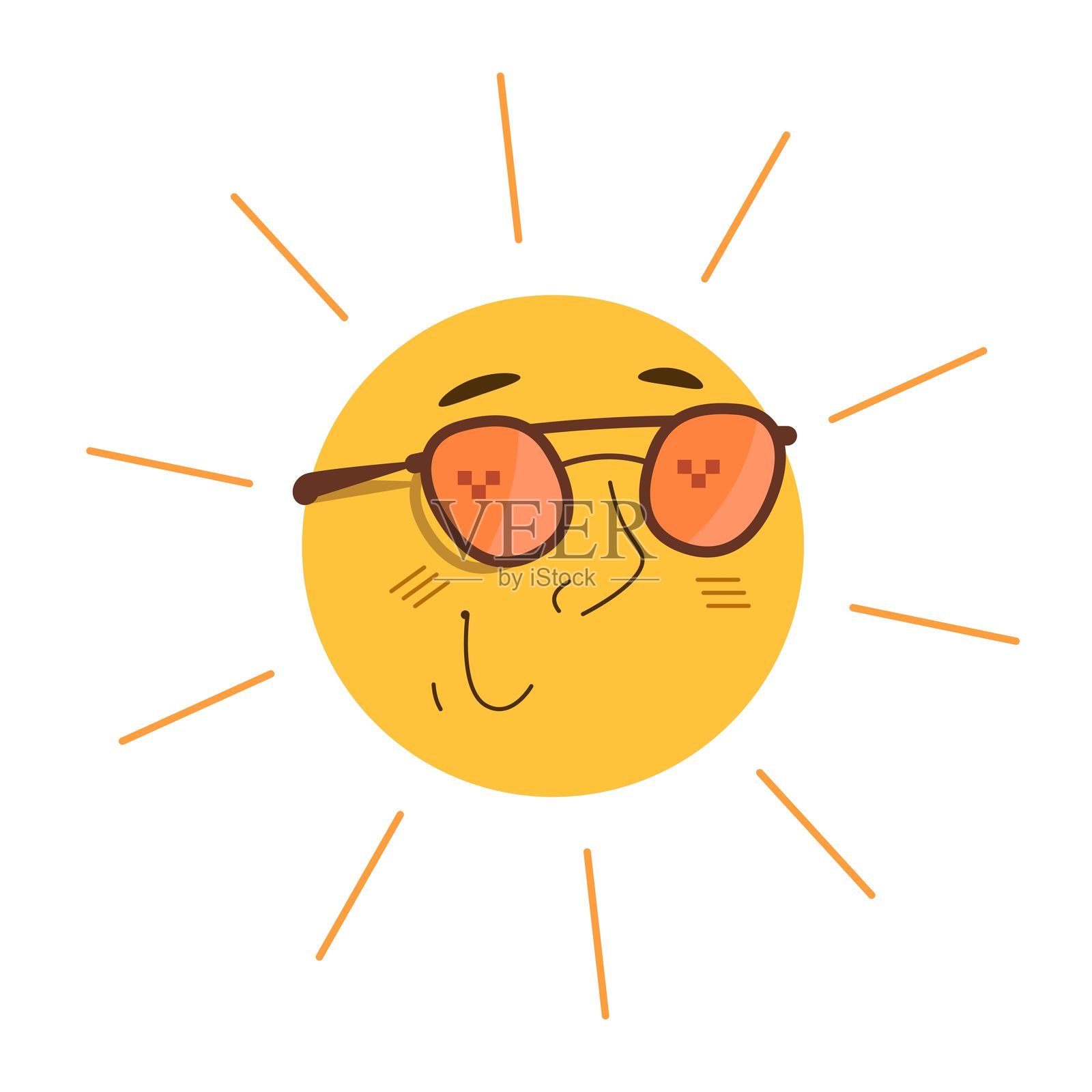 可爱的夏日太阳，长着眼睛、微笑和戴着太阳镜，周围散发着耀眼的光芒。插画图片素材
