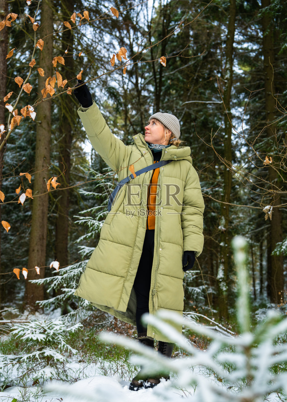 一位身穿羽绒服的年轻女子在宁静的森林中，阳光穿过白雪覆盖的树林，象征着冬日自然的放松与慢生活。照片摄影图片