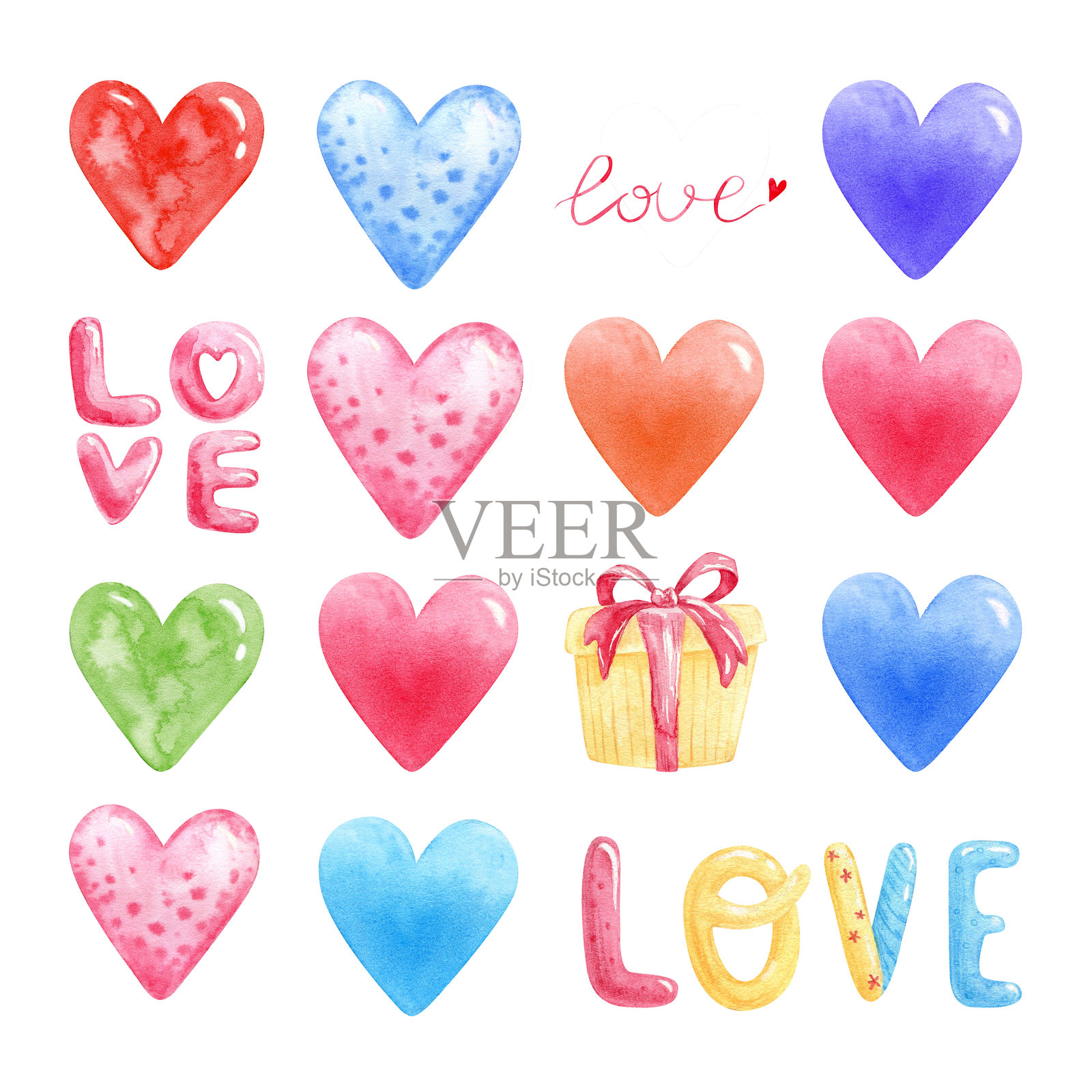 一套色彩缤纷的水彩心形图案插画图片素材