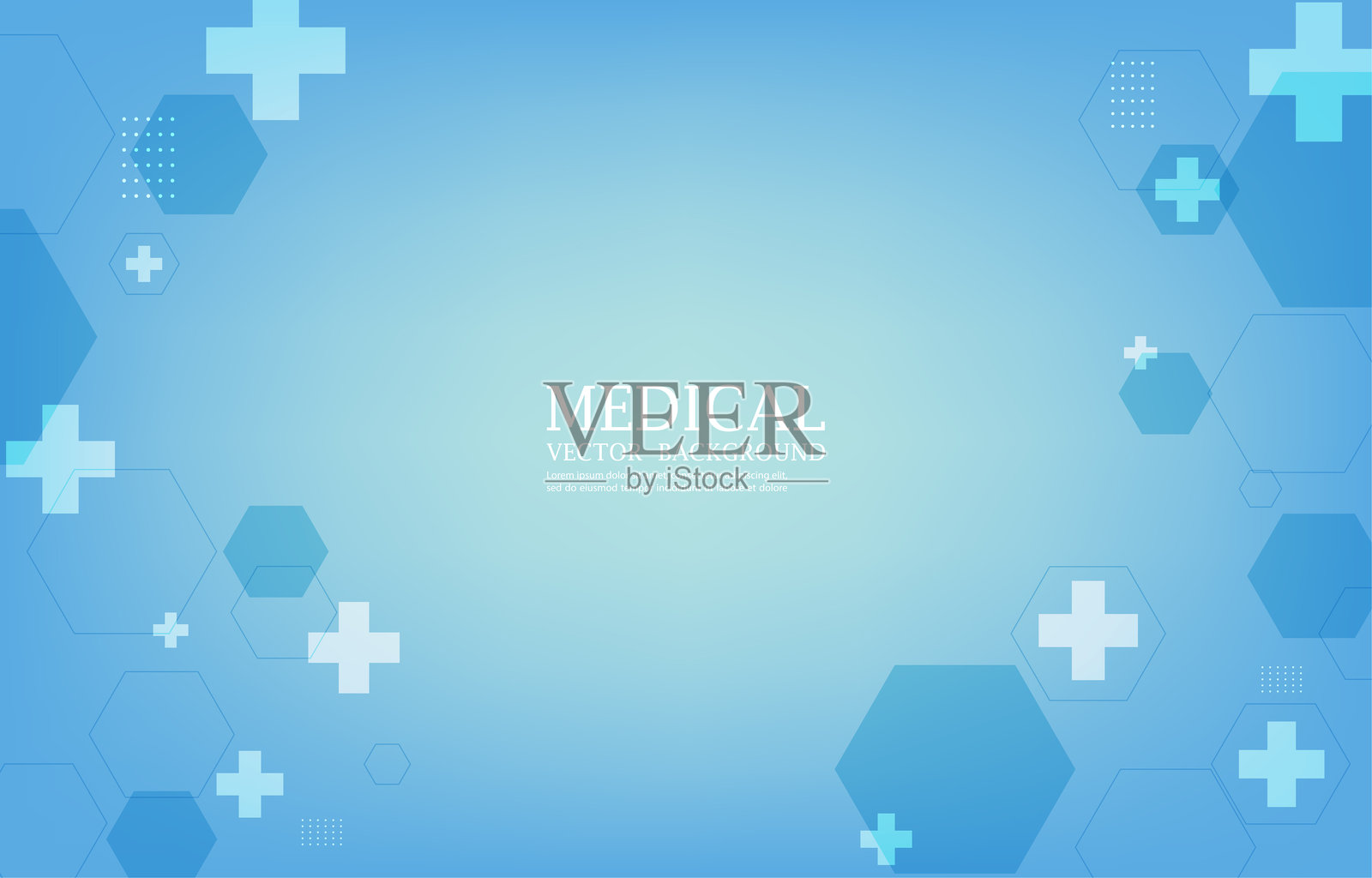 蓝色医疗壁纸。未来感医疗背景。几何六边形和十字形状插画图片素材