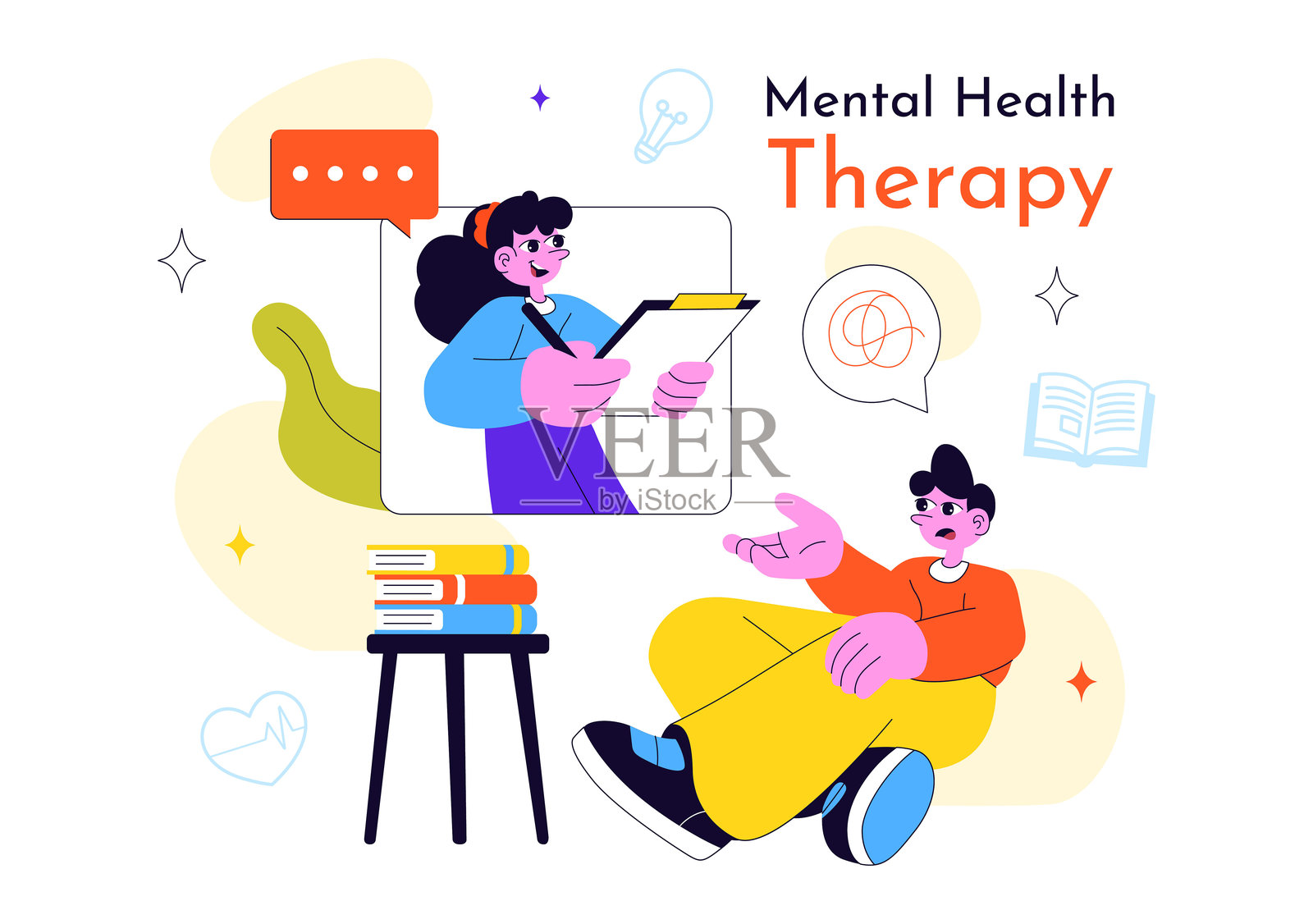 心理健康治疗咨询矢量插画，展示支持性咨询、情感治愈和专业心理关怀的背景插画图片素材