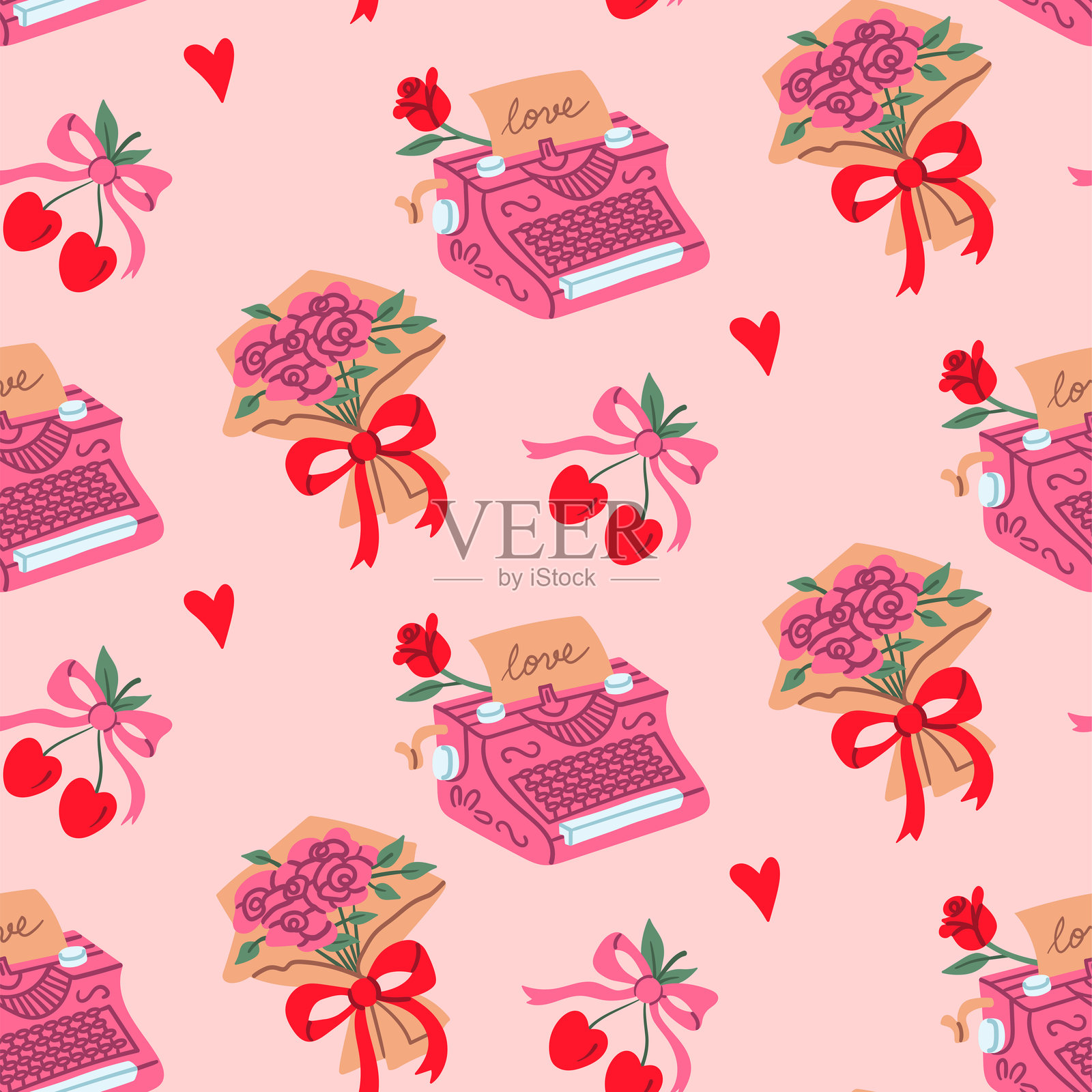 复古打字机、玫瑰花束和樱桃的无缝图案，背景为粉色，非常适合情人节设计和浪漫包装纸插画图片素材