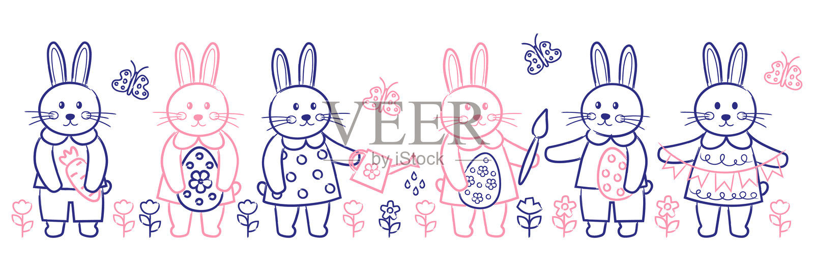 可爱的复活节兔子们在充满活力的春日场景中庆祝复活节，它们提着五彩缤纷的复活节彩蛋，抱着彩蛋，并进行园艺活动，周围环绕着鲜花、蜜蜂和蝴蝶。插画图片素材