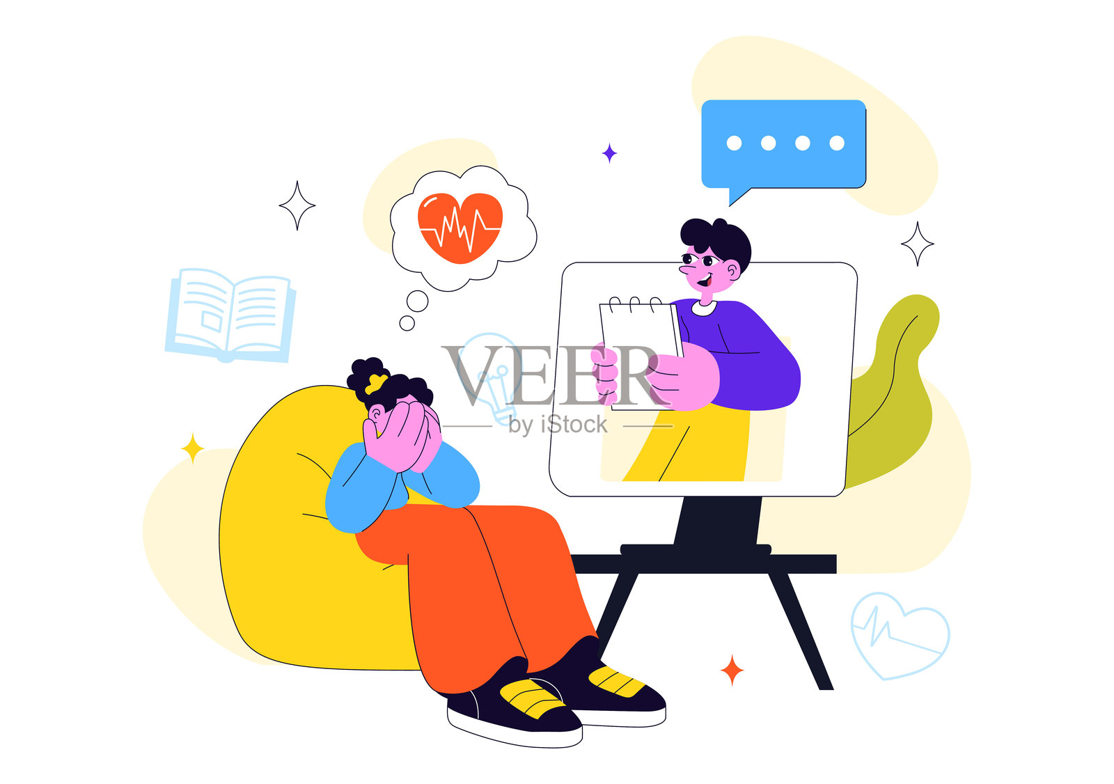 心理健康治疗咨询矢量插画，背景展示支持性咨询、情感治愈和专业的心理护理插画图片素材