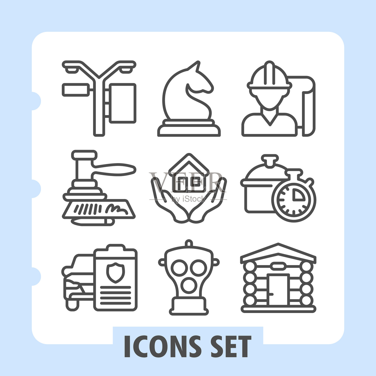 一套九个简约矢量图标，描绘了用于数字界面和设计项目的工具、设置、奖杯、房屋、时钟、杯子等。插画图片素材