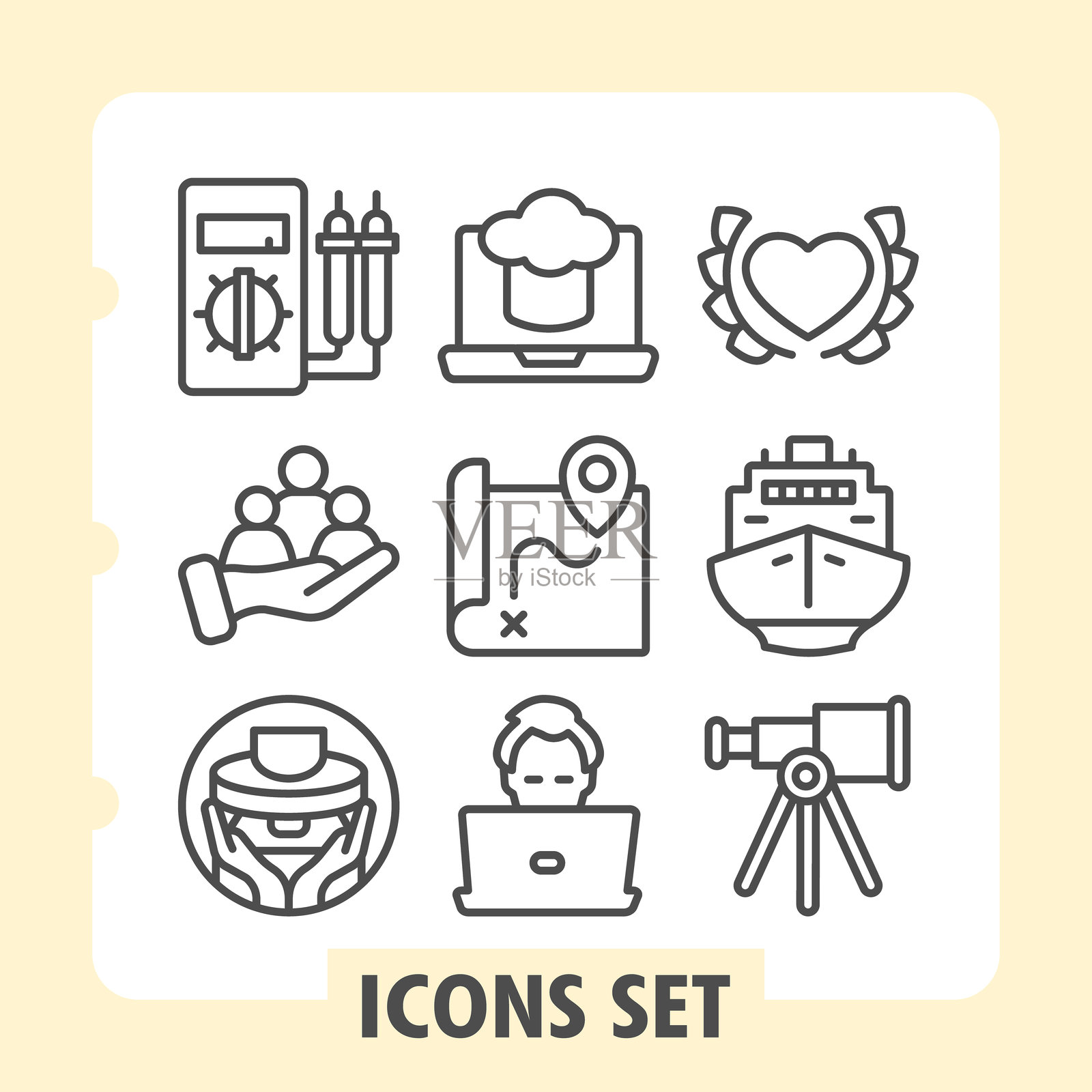 一套九个线条图标，描绘了数字工具、旅行、团队合作和爱情主题，采用统一风格，适用于网站或应用程序。插画图片素材