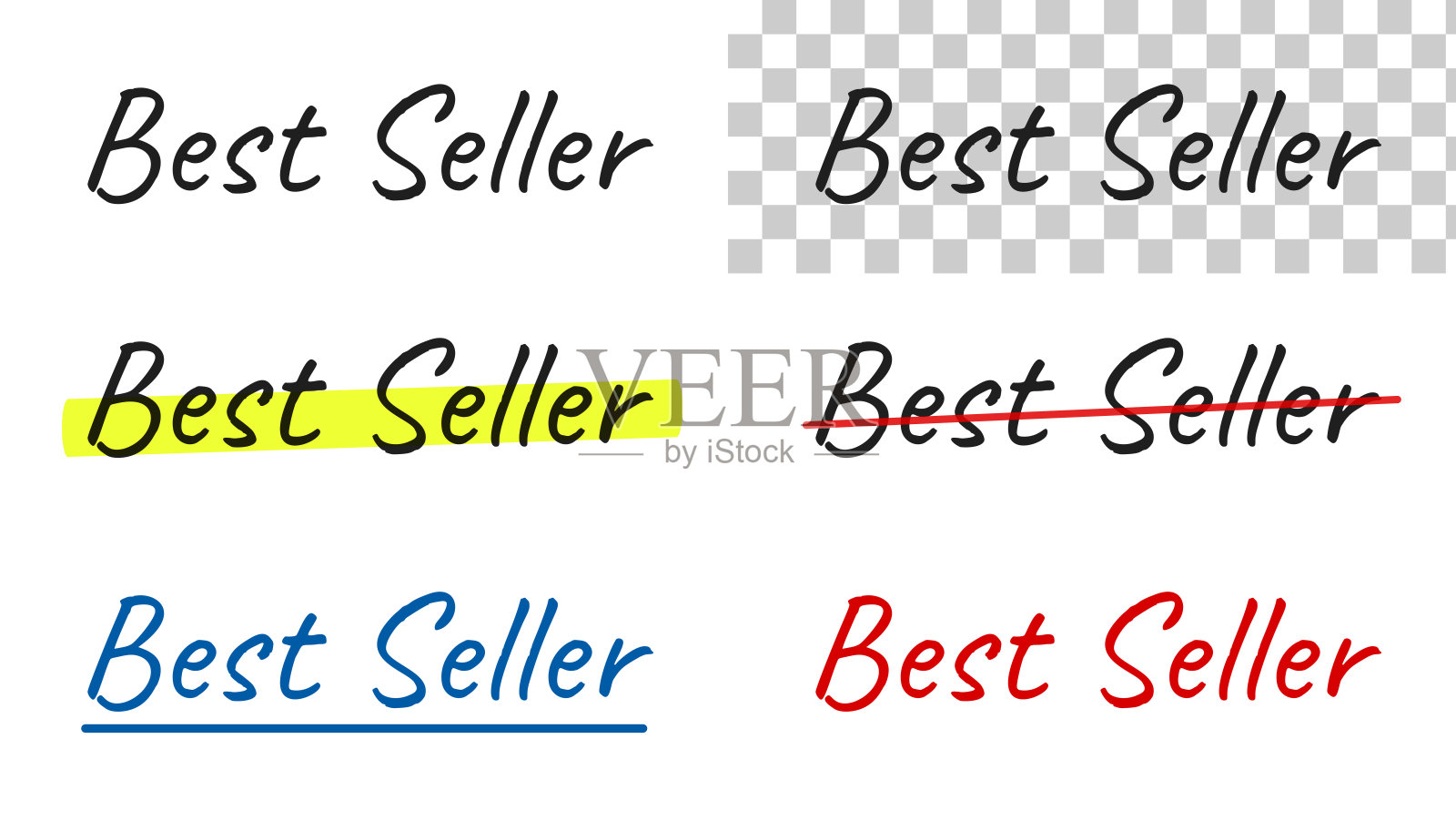 畅销书 - 手写文字，突出显示，划掉，下划线，空白背景插画图片素材