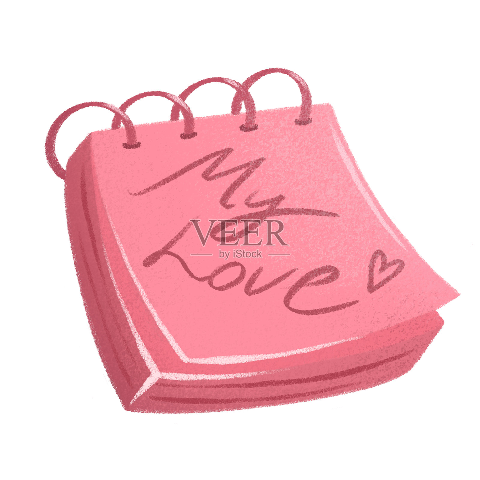 可爱的爱心便签/日记，带有“爱”的信息，手绘浪漫图标，孤立在白色背景上插画图片素材