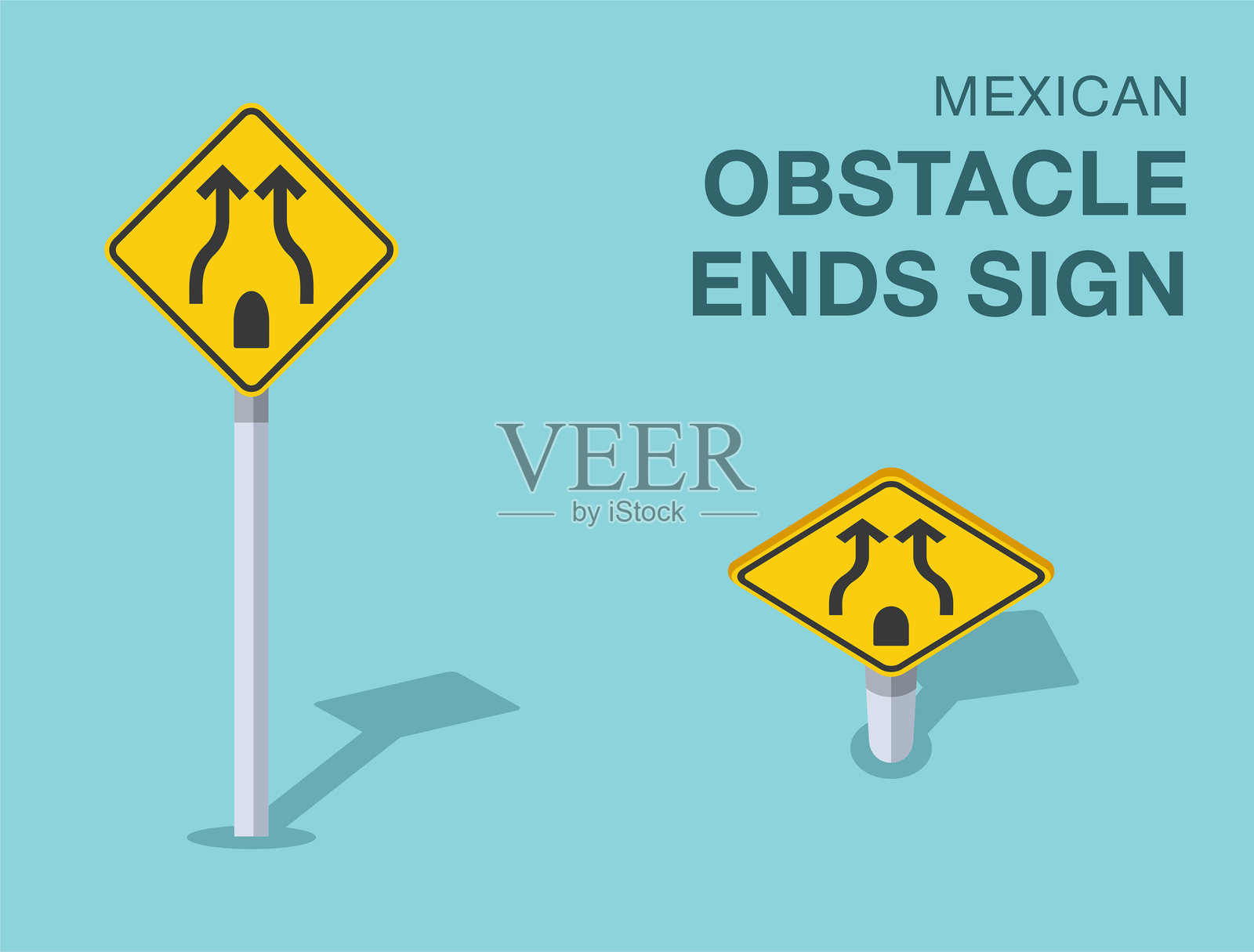 交通规则。孤立的墨西哥“障碍结束”路标。正面和俯视视图。矢量图模板。插画图片素材