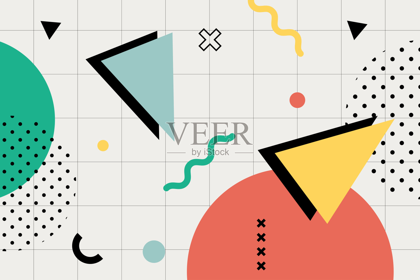 现代抽象海报和背景，具有抽象几何形状、鲜艳的色彩、简单的图案和复古的80年代感觉。矢量插画插画图片素材