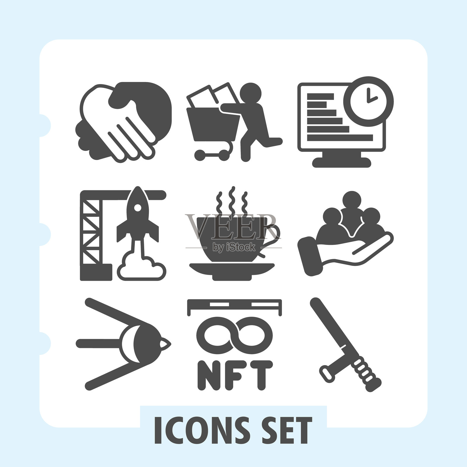 一套九个字形风格图标，描绘了工作流程、协作、生产力和数字资产，适用于干净的白色背景上的网页和移动界面。插画图片素材