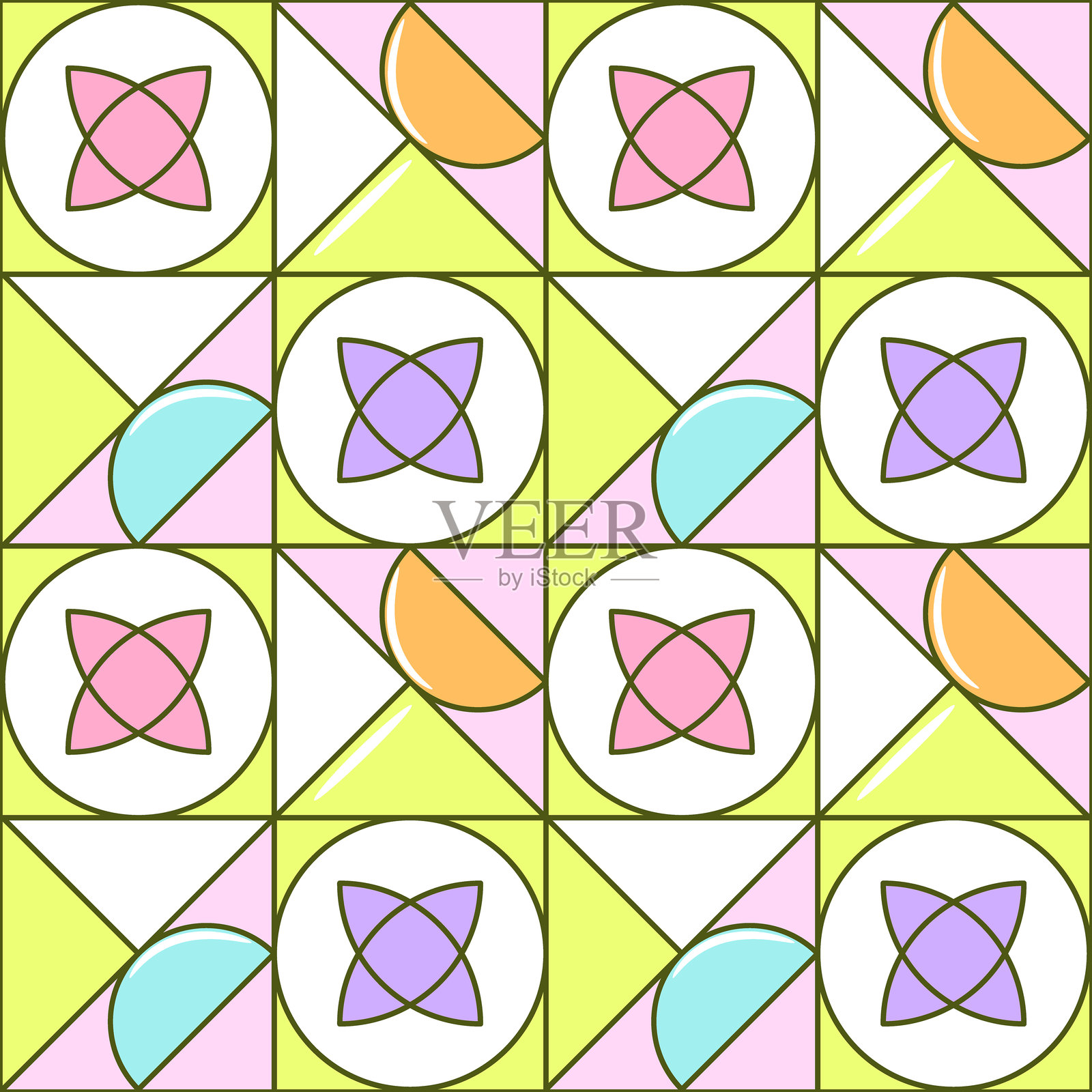 抽象几何图形线条瓦片无缝图案。石灰绿、紫色卡通轮廓网格复古中世纪图形壁纸插画图片素材