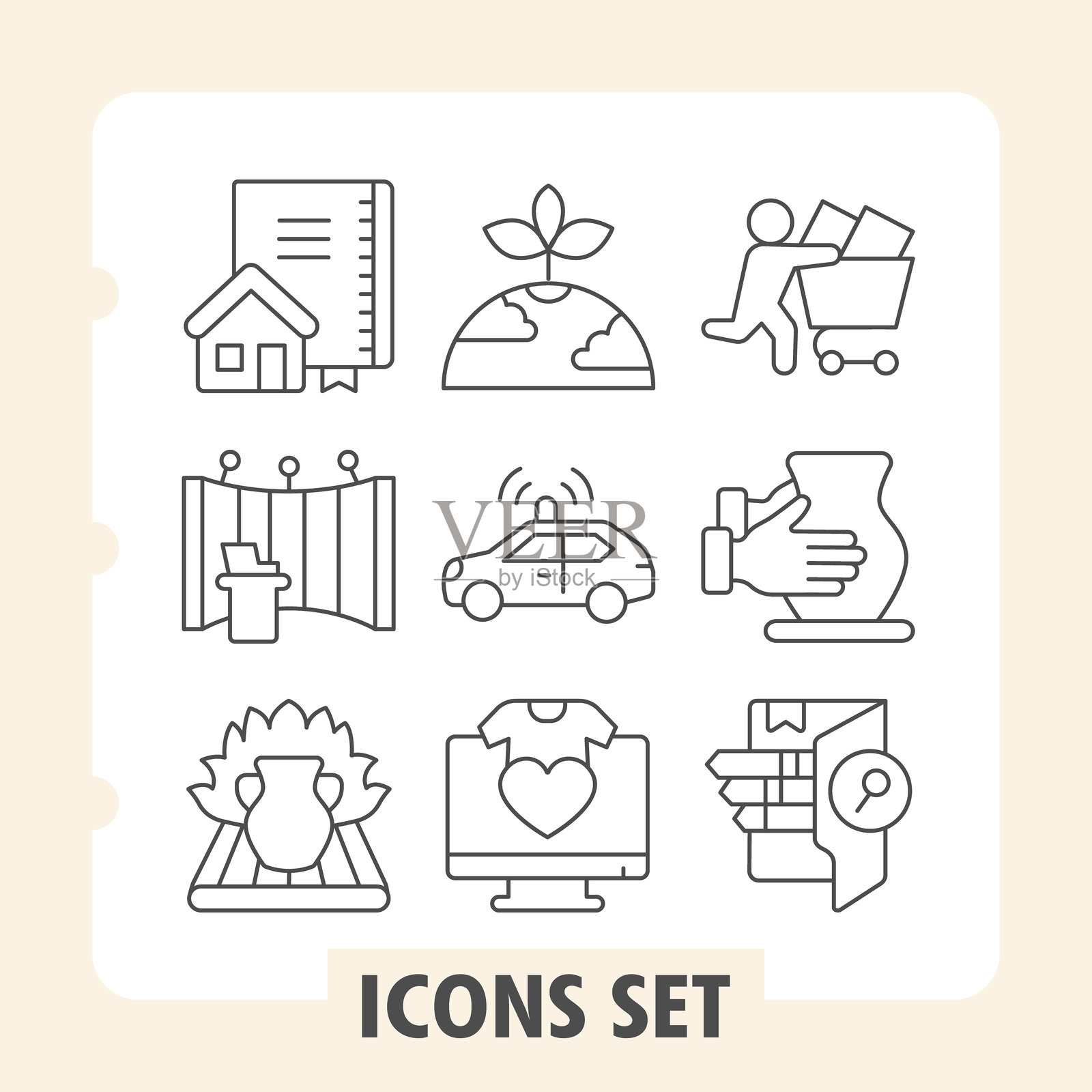 一套九个细线图标，描绘了家庭、亲情、旅行、爱情和日常生活等概念，非常适合网页和移动应用程序。插画图片素材