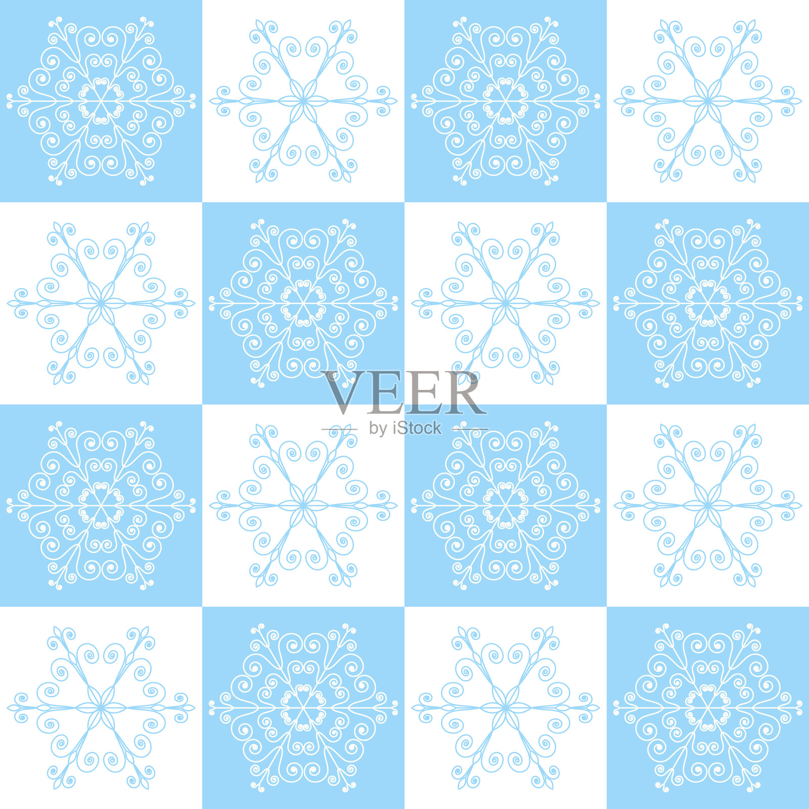 无缝格子图案，带有蕾丝雪花，蓝色和白色插画图片素材
