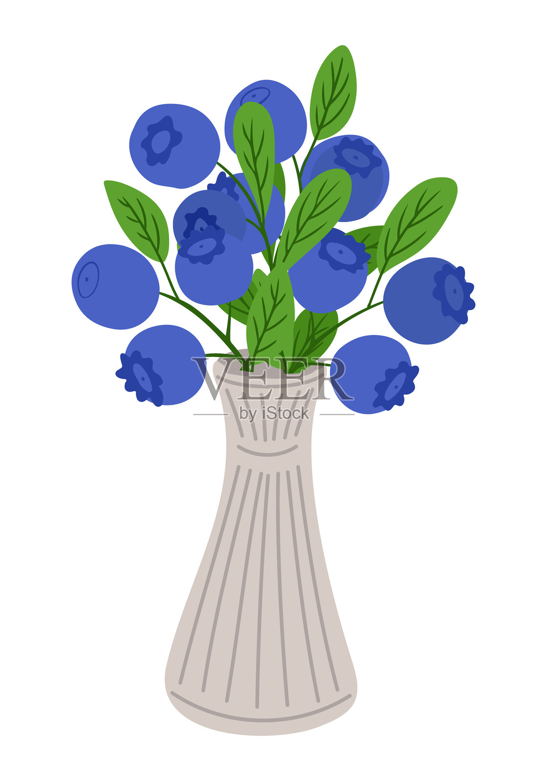 白色背景上装饰花瓶里的蓝莓枝叶花束，代表着自然、清新、健康食品和植物家居装饰的概念插画图片素材