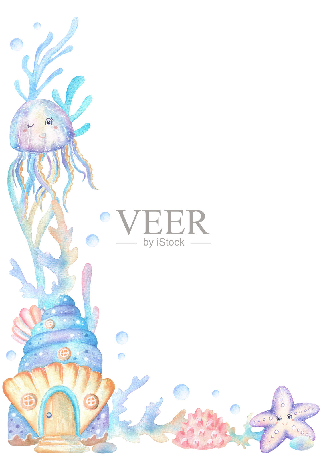 海螺屋的左下角，水母和海星角色，珊瑚和海藻，气泡。海底王国剪贴画。手绘水彩插画，适用于明信片、海报、相框插画图片素材