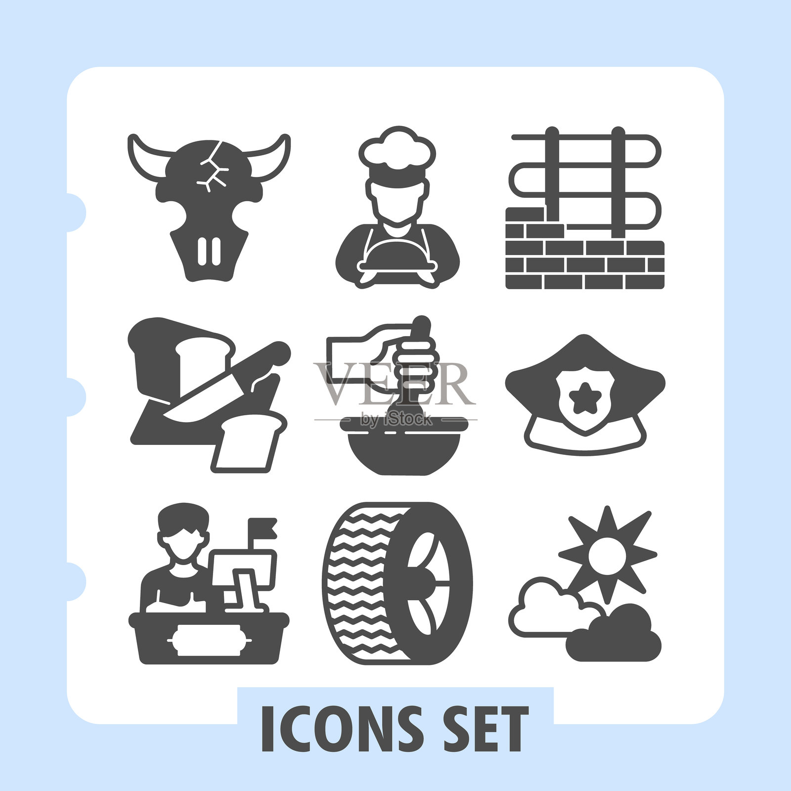 一套九个图标风格的图标，包括厨师、工厂、方向盘、灯泡、工具等，适用于 UI/UX 设计项目和数字应用。插画图片素材