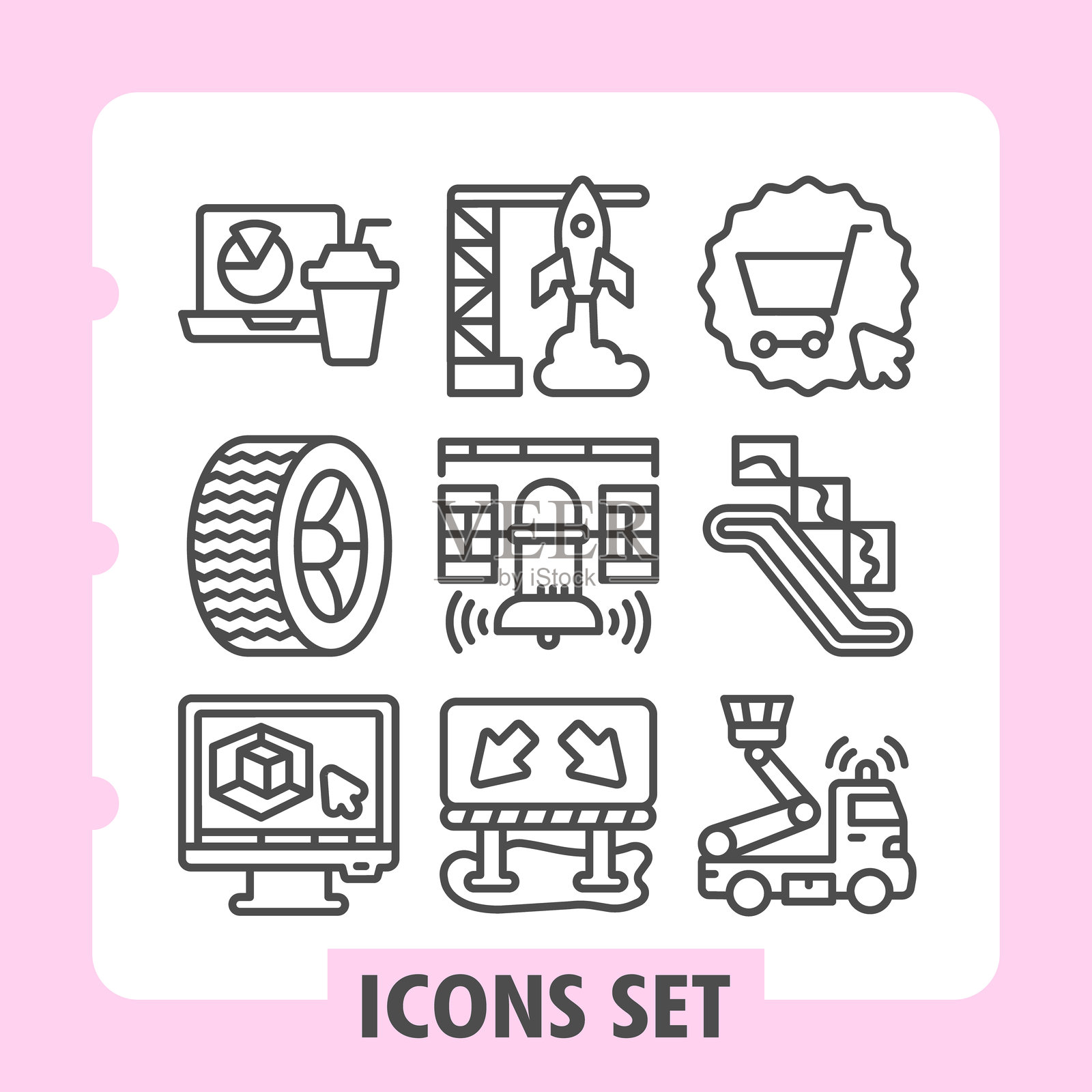 一套现代图标，包含旅行、太空、位置、汽车、计算、制造和关系等主题，适用于网页和UI设计项目。插画图片素材