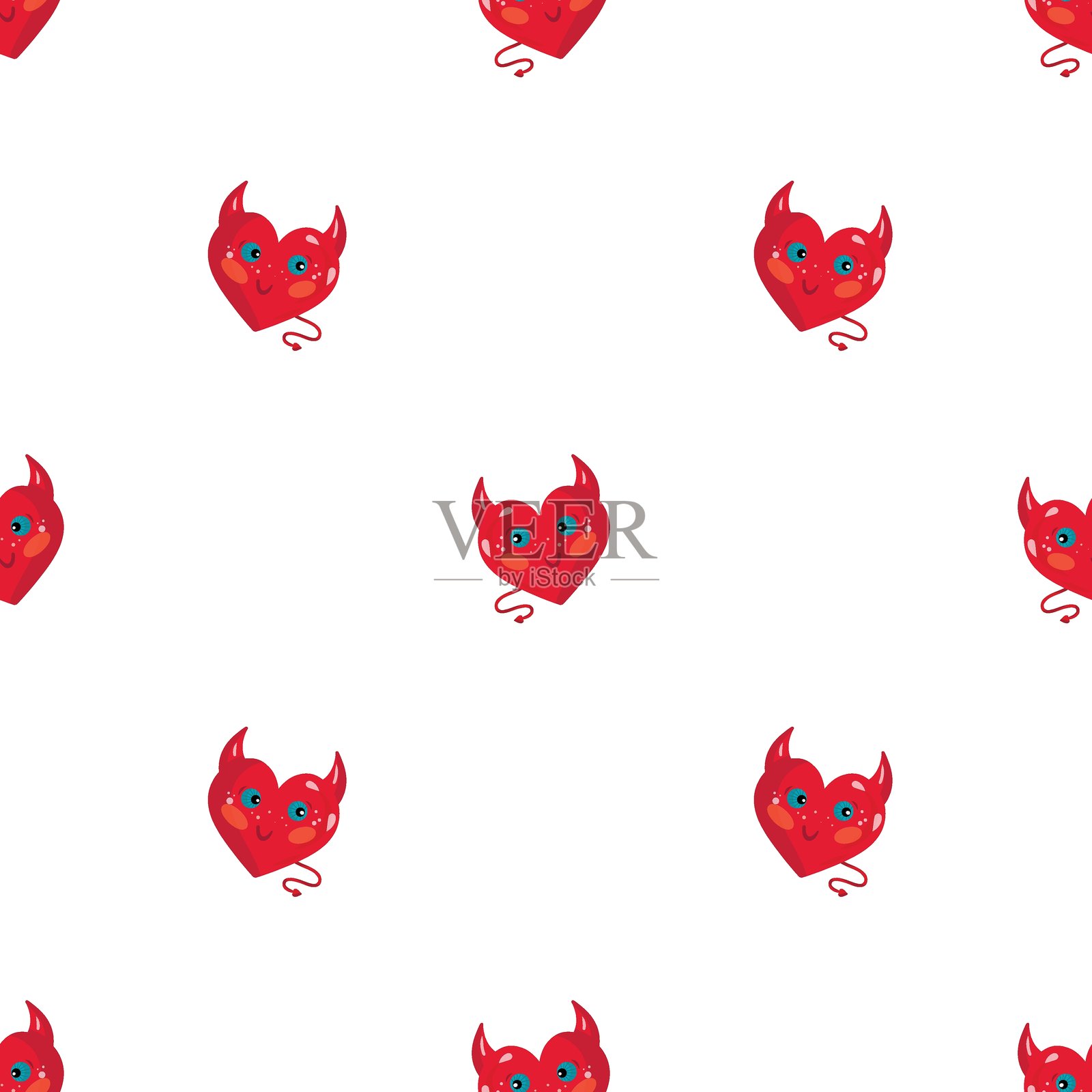 恶魔之心无缝图案，俏皮前卫的瓷砖。可爱的恶魔之心重复图案，用于贴纸、服装的醒目图案。淘气的心矢量图案，用于时尚印花的无缝设计插画图片素材