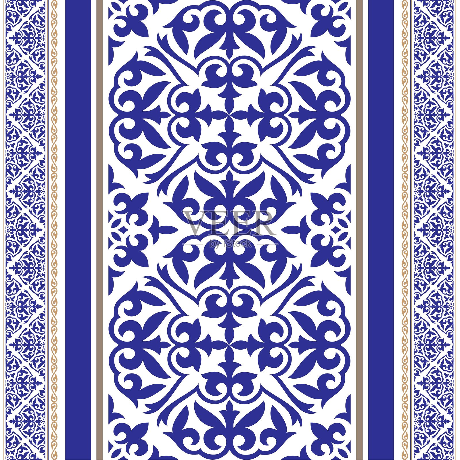 蓝色和白色垂直装饰镶板，两侧为金色卷草纹饰边框，实心蓝色带。具有浓郁的中亚或伊斯兰风格。伊斯兰、阿拉伯、印度、奥斯曼图案。地中海陶瓷插画图片素材