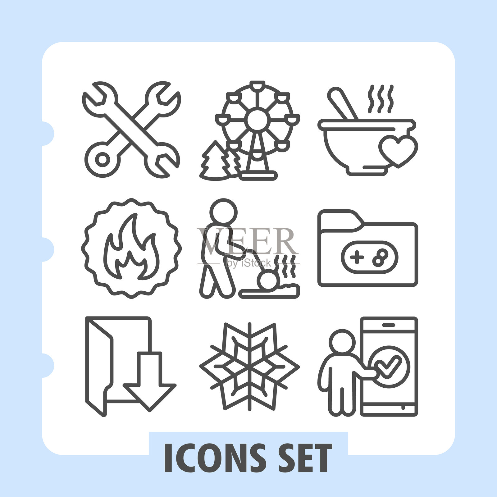 一套九个简约线条图标，代表数字界面中的工具、烹饪、可再生能源、健身、金融、业务增长、网络、购物和客户支持等各种概念。插画图片素材