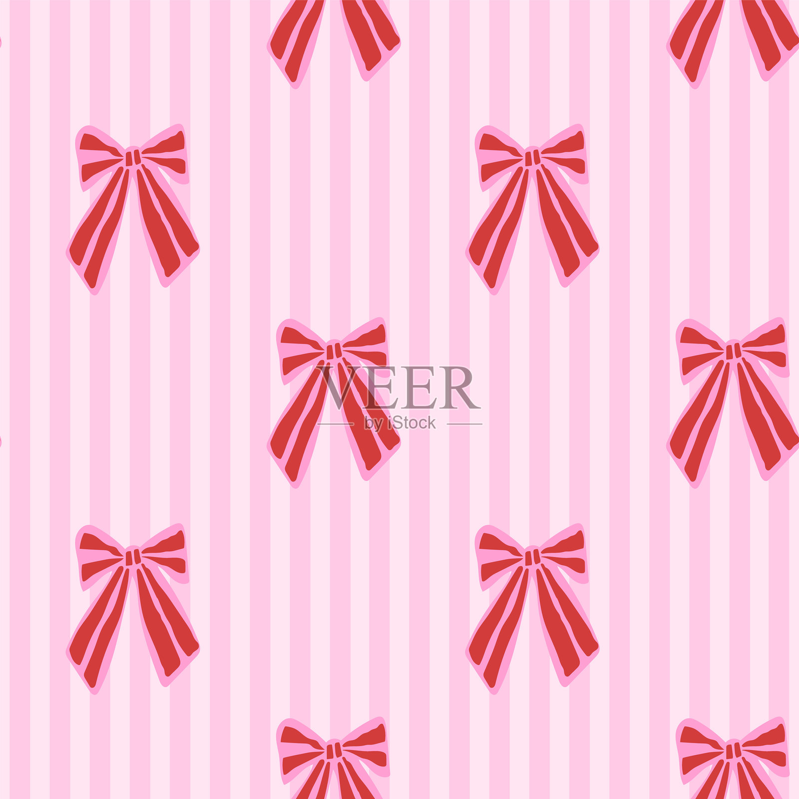 甜美可爱的蝴蝶结条纹无缝方形图案，浪漫丝带，适用于婚礼、包装纸、文具、包装、少女装饰。包含糖果条纹和俏皮蝴蝶结的矢量图。插画图片素材