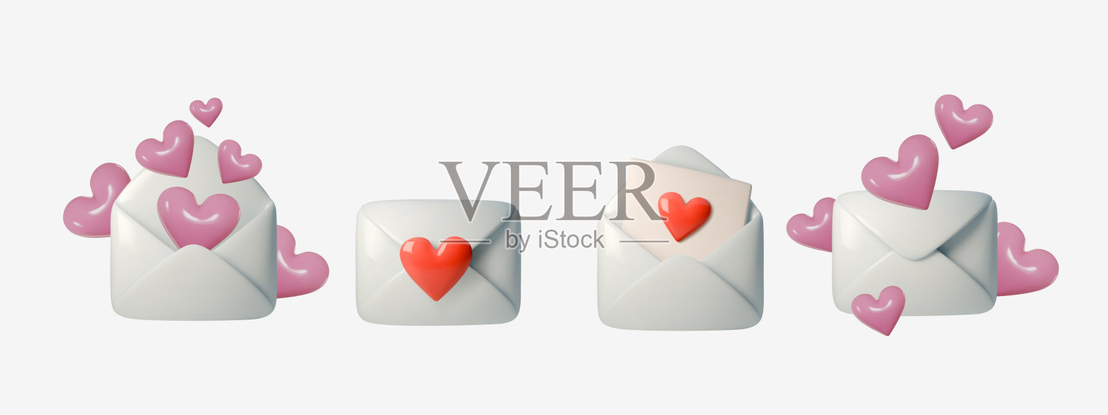 3D邮件图标集，包含以爱为主题的信封、心形装饰和浪漫贺卡。非常适合情人节信息和数字通信设计。插画图片素材