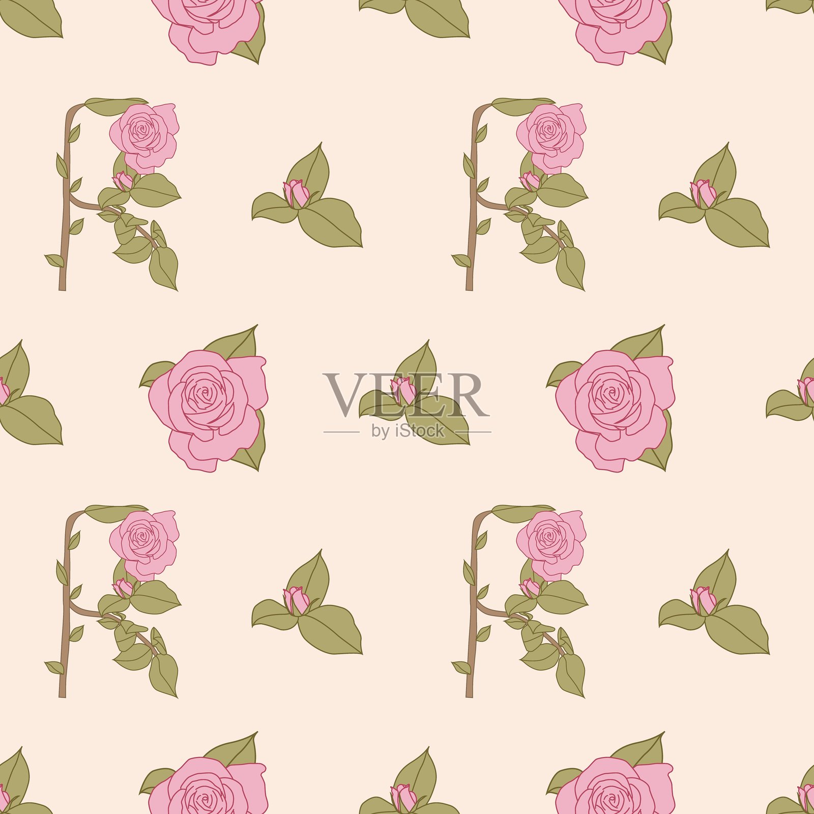 粉色玫瑰带茎和花蕾的无缝花卉图案，背景为柔和色调插画图片素材