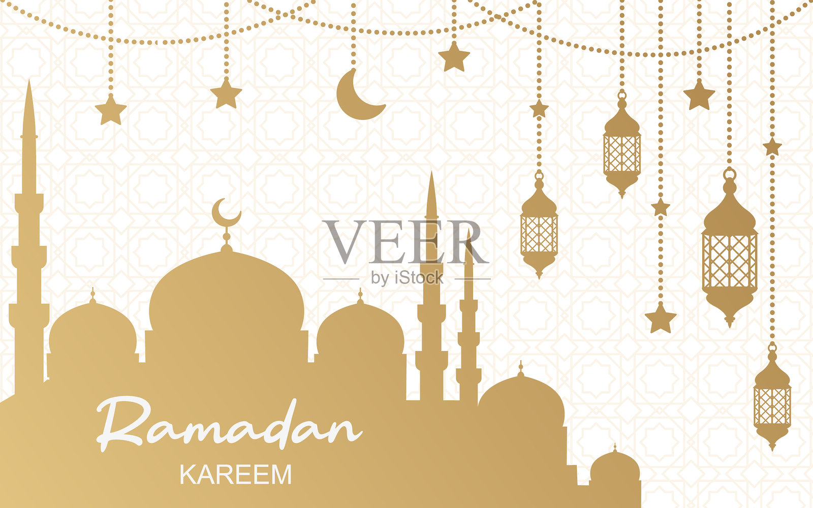 伊斯兰装饰背景，带有清真寺、灯笼、星星和月牙。开斋节快乐、斋月吉祥祝福贺卡、横幅或海报插画图片素材