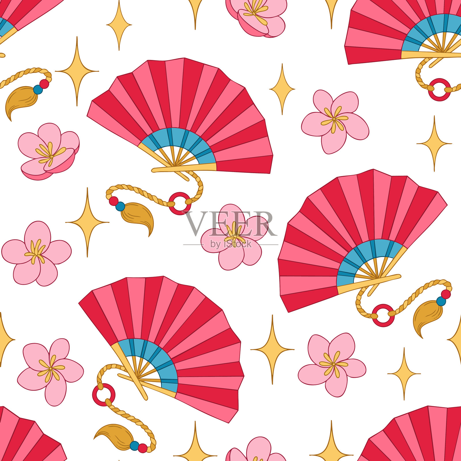 中国新年无缝花纹。红色扇子和花的矢量印花。插画图片素材