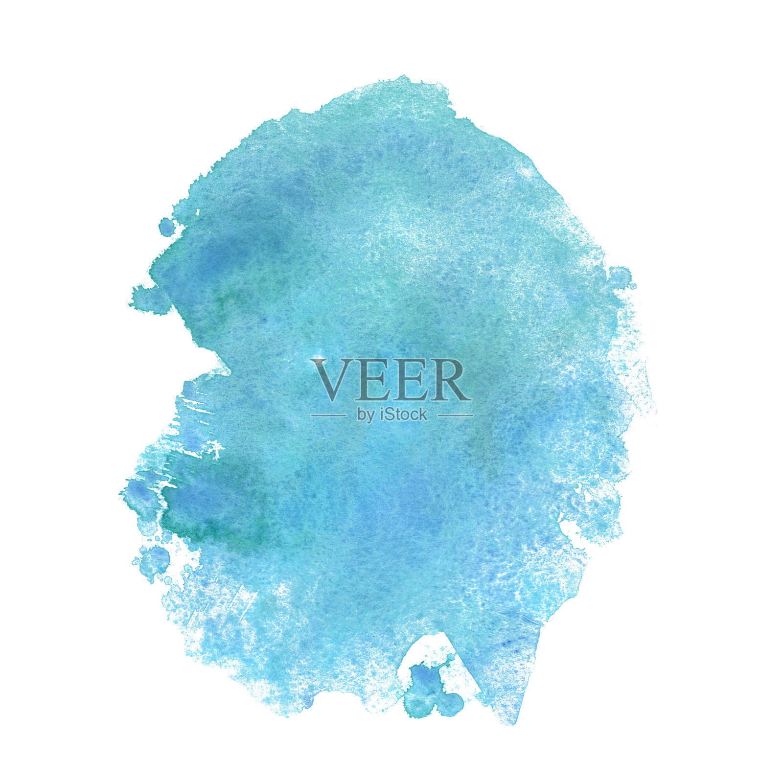 孤立的蓝绿色水彩晕染，带有飞溅效果，用作背景。抽象纹理污渍。设计元素。手绘水彩插画，适用于海洋、海主题设计、海报、贴纸插画图片素材