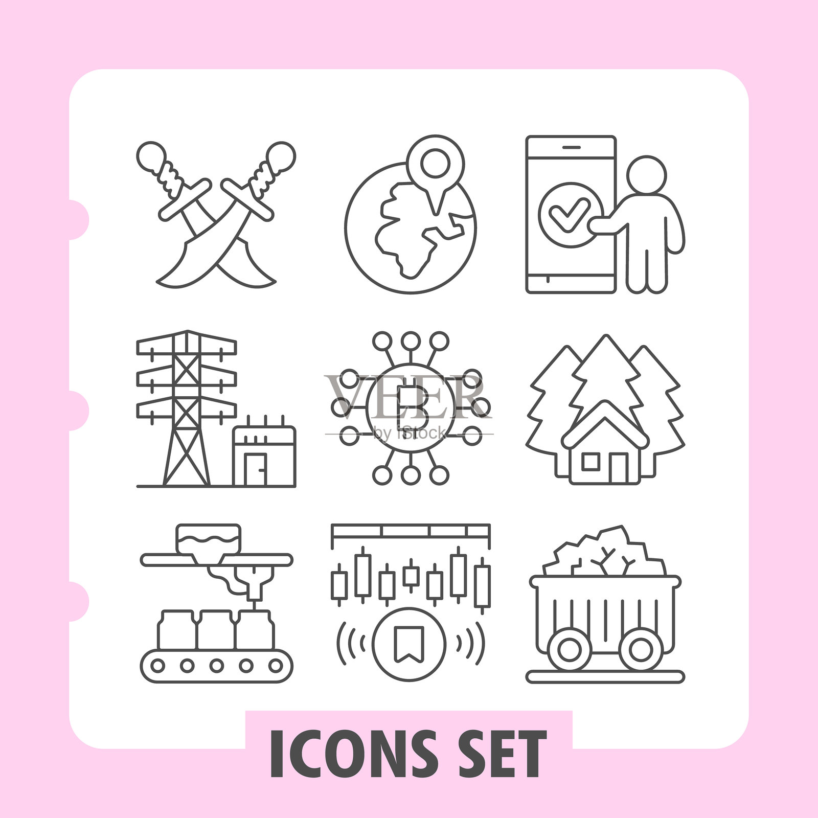 一套九个细线图标，描绘了技术、网络、全球连接和工业元素，非常适合网页或移动应用程序。插画图片素材