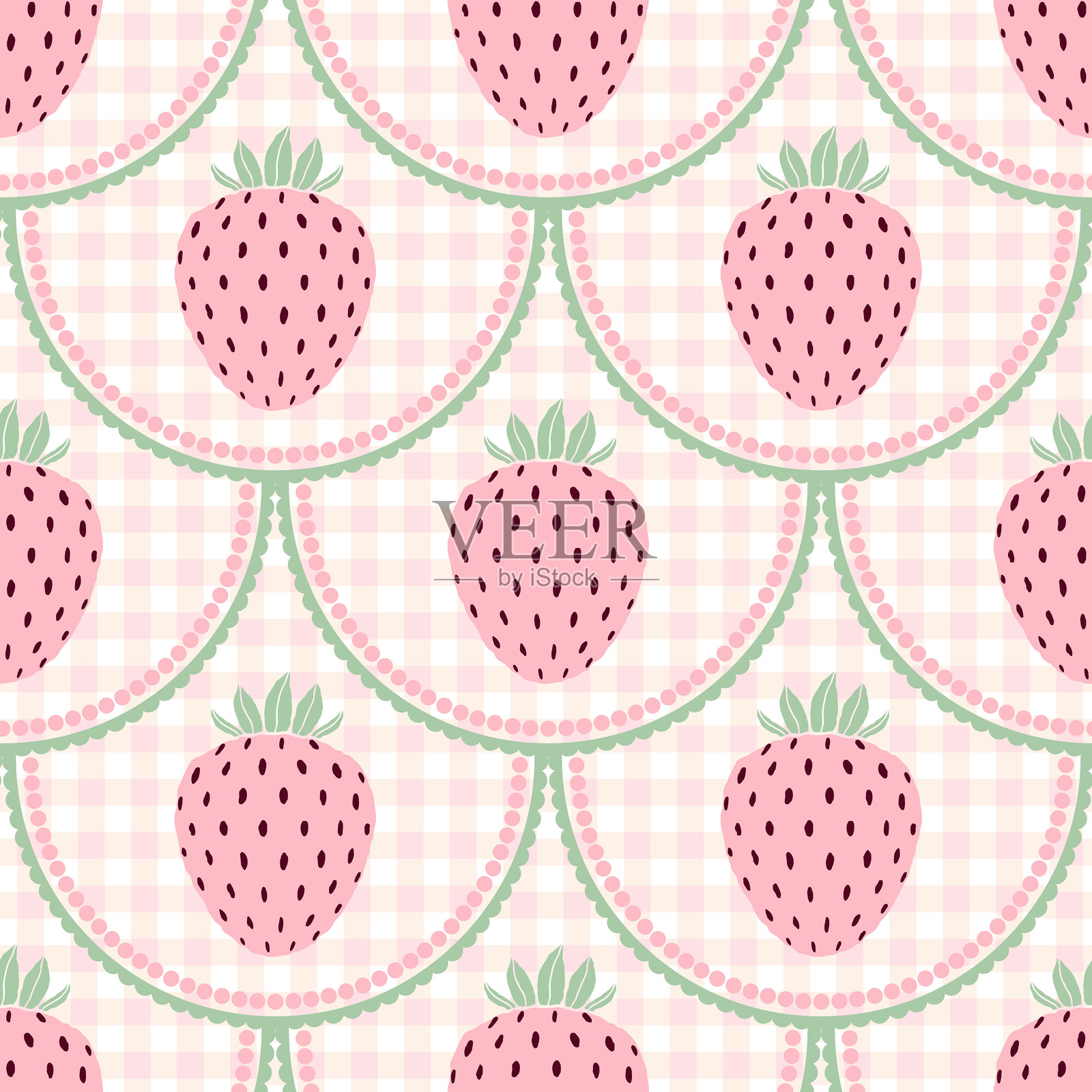 格子背景上带有粉色草莓的无缝图案插画图片素材