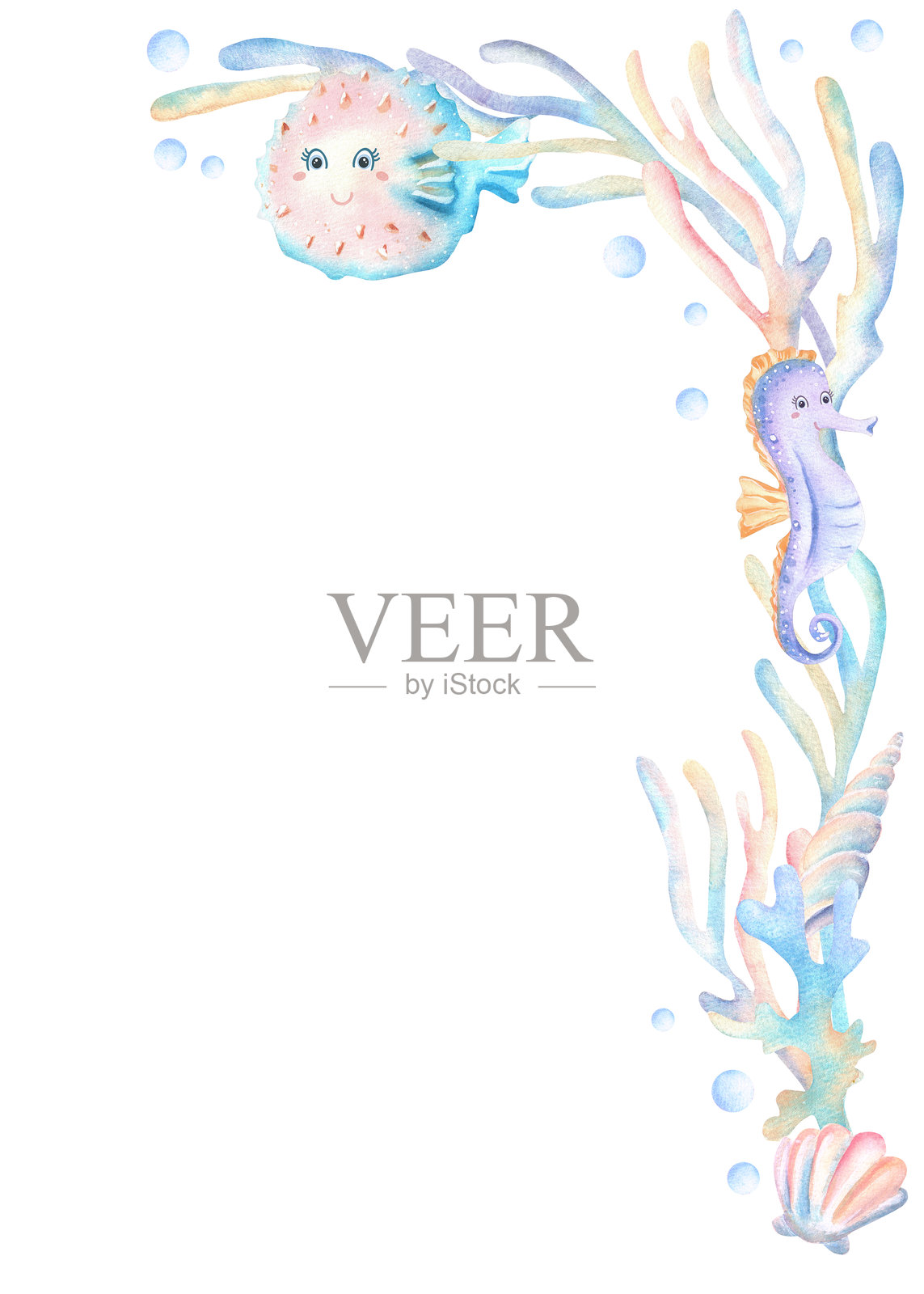海马和河豚卡通形象的右上角，珊瑚和海藻，贝壳，气泡。水下王国剪贴画。手绘水彩插画，用于明信片、海报、相框插画图片素材