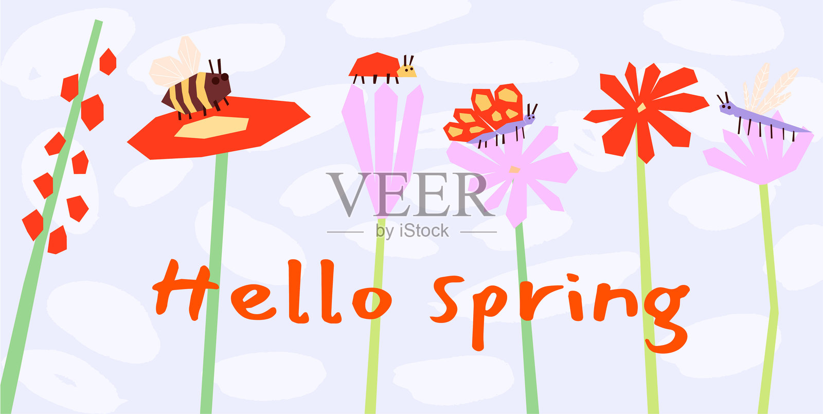 你好春天，可爱昆虫与花卉的插画，矢量插画插画图片素材
