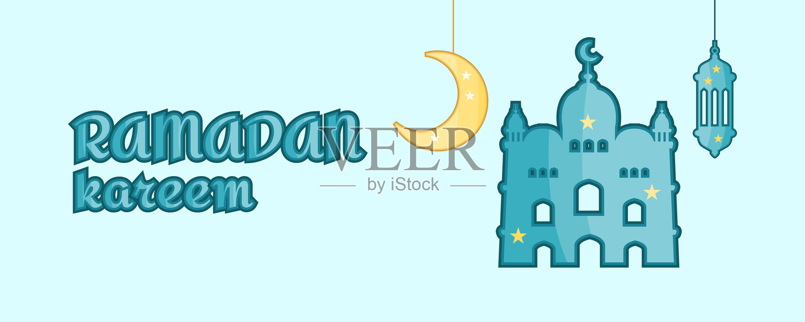 斋月吉祥横幅，包含灯笼、清真寺剪影和新月，伊斯兰之夜插画插画图片素材