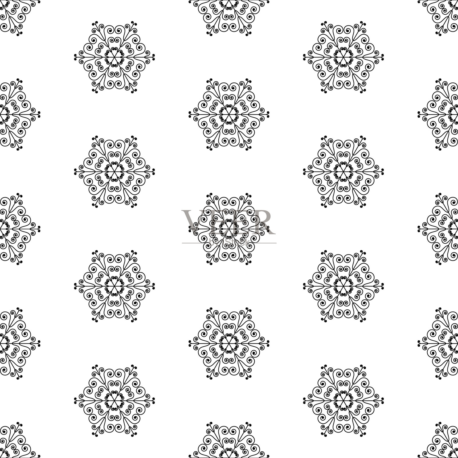 带有华丽花丝雪花的无缝图案，白底黑图插画图片素材