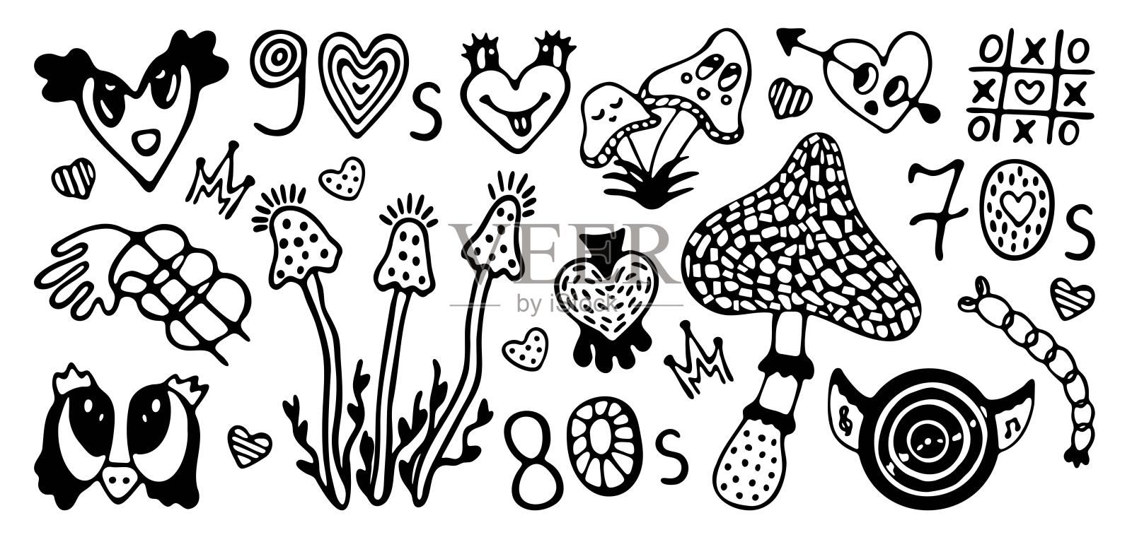 异想天开的黑色线条迷幻涂鸦矢量图集插画图片素材