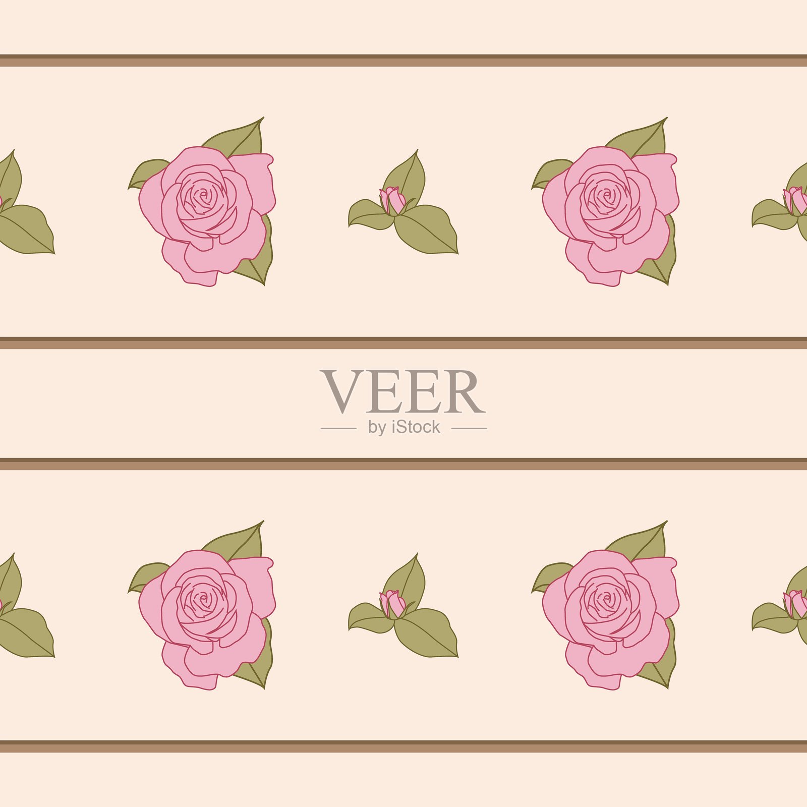 米白色背景上带有粉色花朵和花苞的无缝玫瑰条纹图案插画图片素材